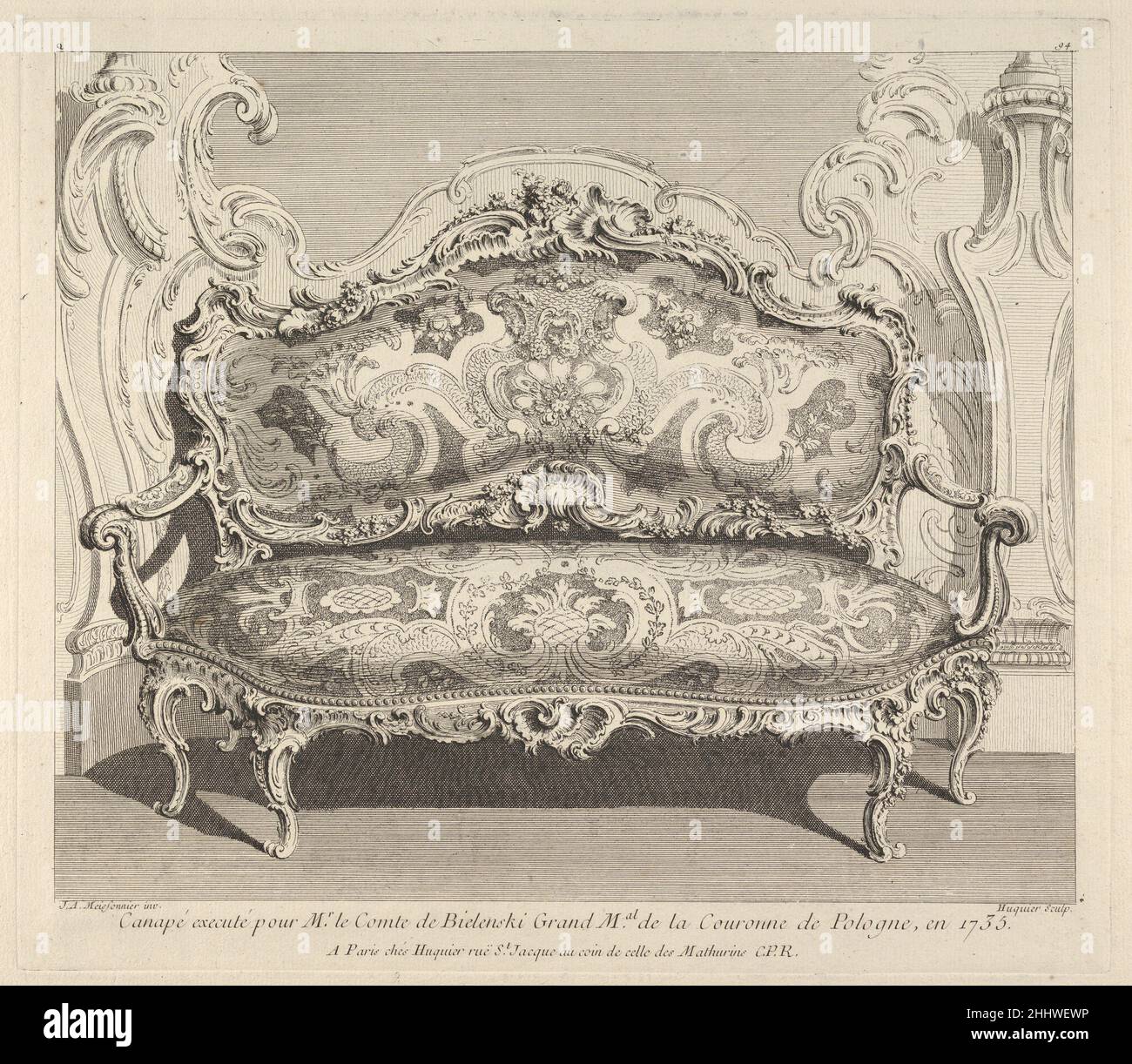 Canapé executé pour Mr. Le Comte de Bielenski, aus 'Oeuvre de Juste Aurele Meissonnier' ca. 1742–48 Juste Aurèle Meissonnier Französischer Entwurf für ein Kanape, ausgeführt für das Innere des Palastes des Herzogs Bielenski (1735). Das Canape zeichnet sich durch stark gemusterte Polsterung mit einem Palmettenmotiv in der Mitte aus. Das Canape ist an einer Wand mit Zierleisten in Form von C-Voluten und Rocaille-Motiven angebracht. Canapé executé pour Mr. Le Comte de Bielenski, aus „Oeuvre de Juste Aurele Meissonnier“ 377493 Stockfoto