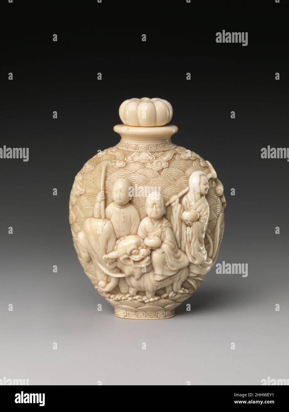 Schnupftabakflasche mit buddhistischen Figuren 18th Jahrhundert China. Schnupftabakflasche mit buddhistischen Figuren 41720 Stockfoto