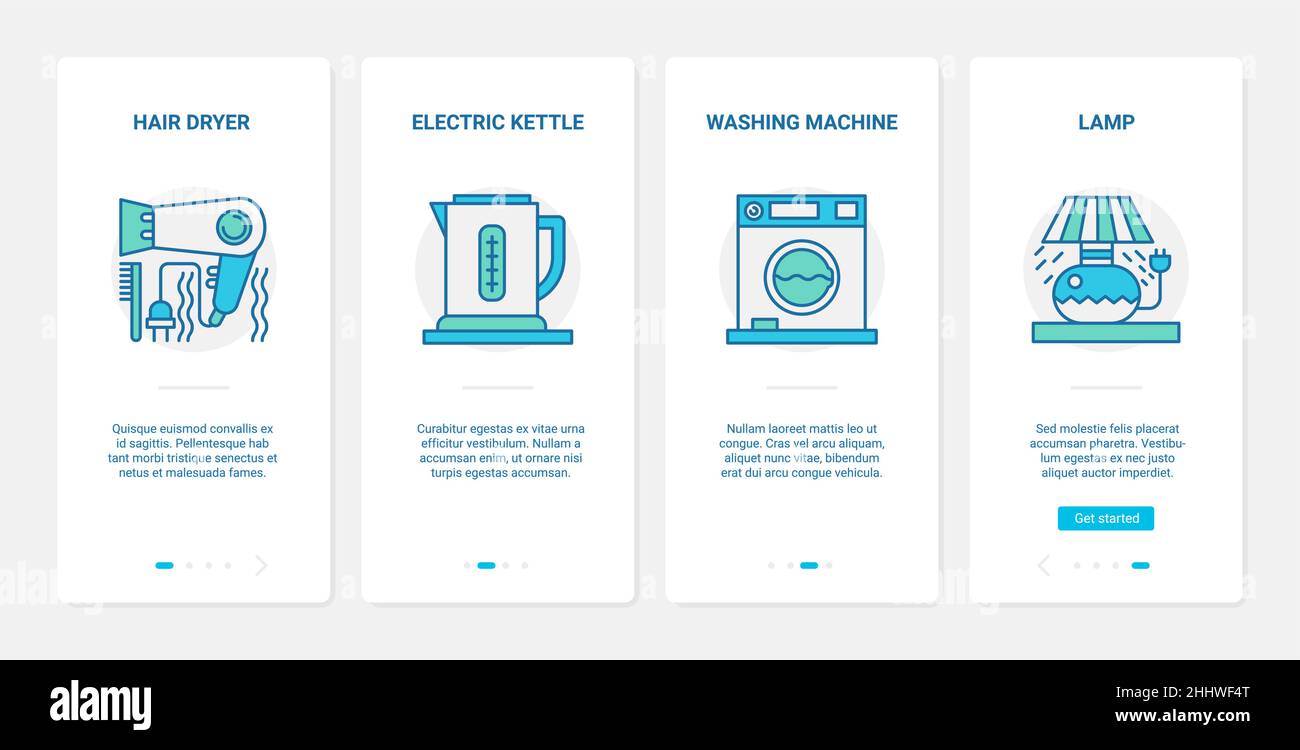 Küchengeräte elektronische Geräte Vektor-Illustration. UX, UI Onboarding mobile App Seite Bildschirm mit Linie Wasserkocher, Wäsche waschen mac Stock Vektor