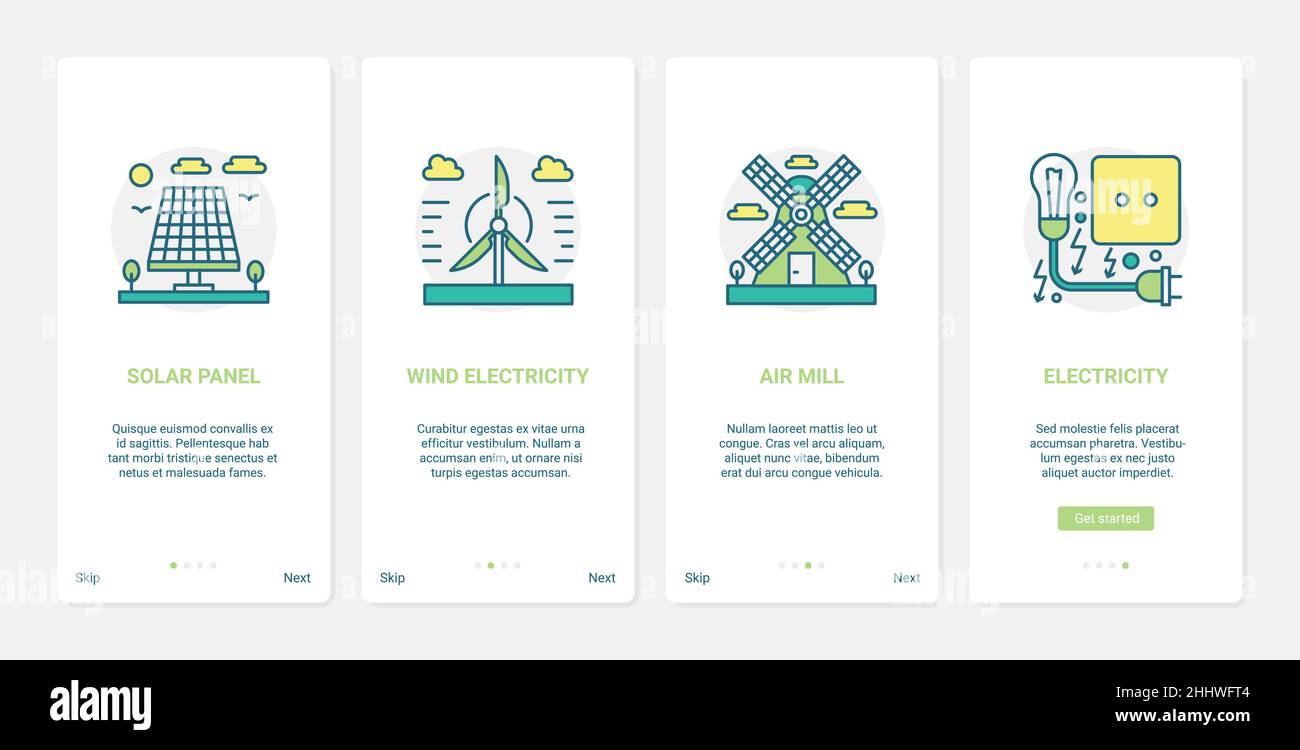 Erneuerbare Öko-Energiequellen, Umwelttechnik Vektorgrafik. UX, UI Onboarding mobile App Seite Bildschirm mit Linie industriellen Solarfenster gesetzt Stock Vektor
