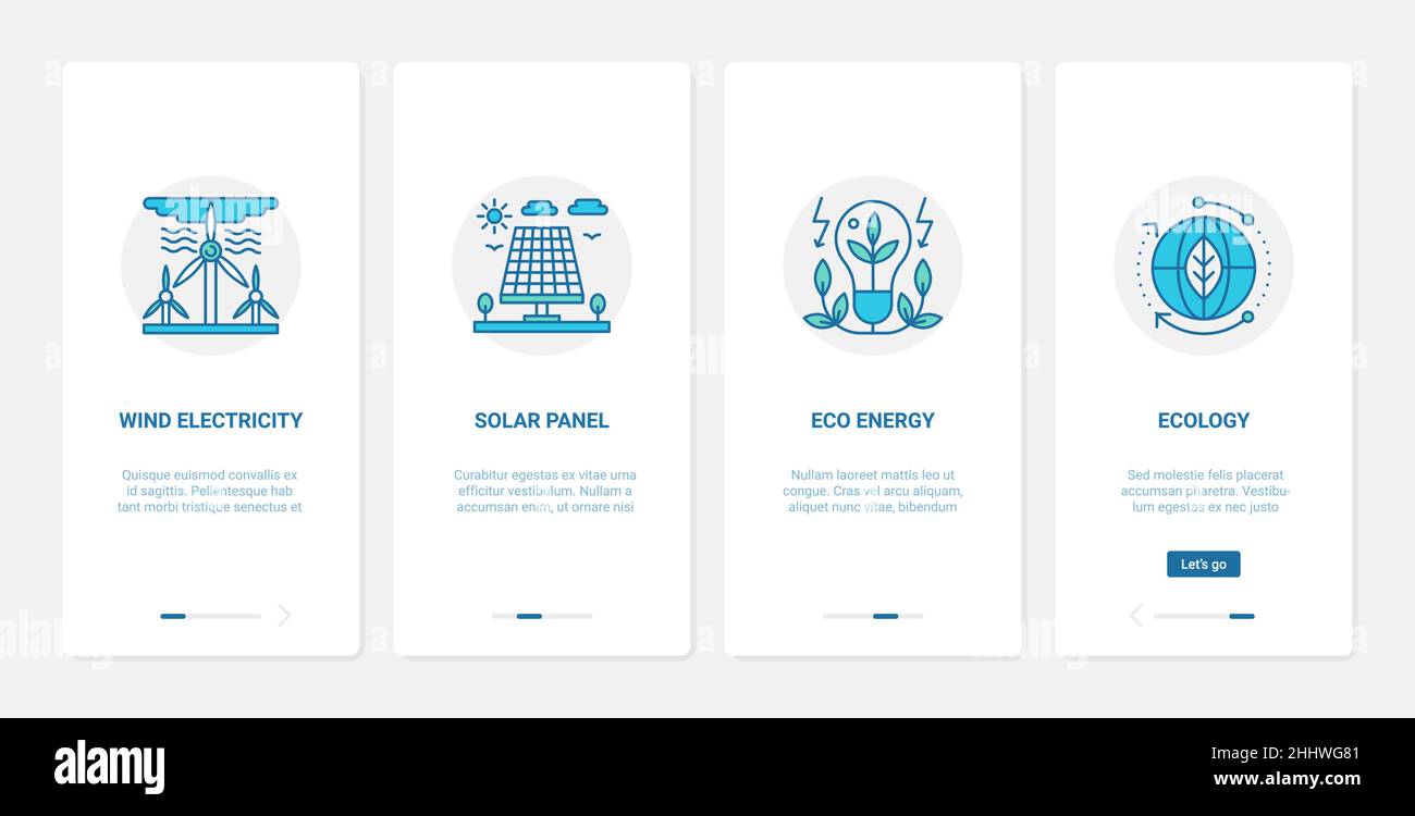 Nachhaltige alternative Quellen der Energietechnologie Vektordarstellung. UX, UI Onboarding mobile App Seite Bildschirm mit Linie elektrische eco light BU Stock Vektor
