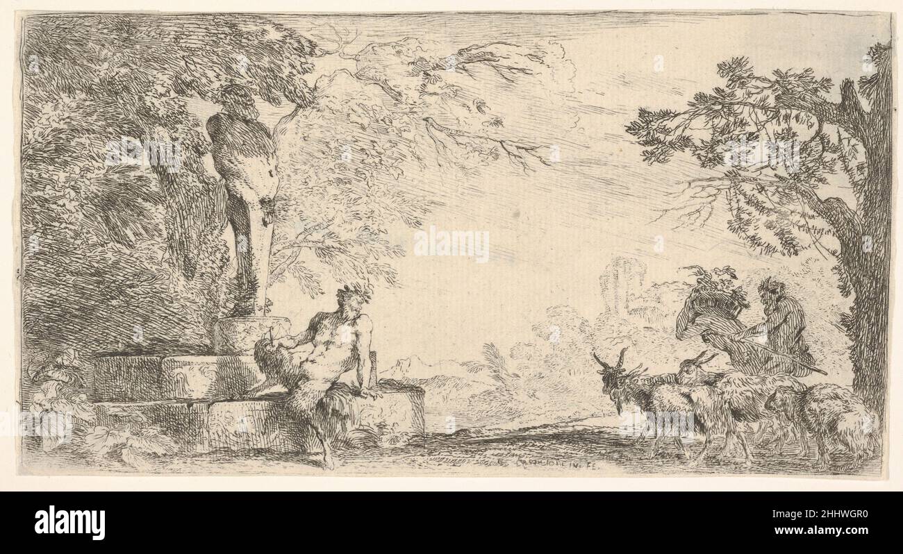 Ein Satyr, der am Fuß eines Staus von Priapus liegt, Ziegen rechts ca. 1645–48 Giovanni Benedetto Castiglione (Il Grechetto) Italienisch Obwohl dieses Werk in Castigliones eingeborener Genua geätzt wurde, zeigt die Konzentration auf ein mythologisches Thema in einer großen üppigen Landschaft den Einfluss des französischen Malers Nicolas Poussin, den der Künstler wahrscheinlich während seiner Arbeit in Rom im Jahr 1630s getroffen hat. Ein Satyr, der am Fuß eines Staus von Priapus liegt, Ziegen auf der rechten Seite 399816 Stockfoto