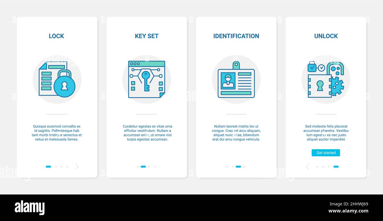 Sicherheit moderne Technologie Vektor-Illustration. UX, UI Onboarding mobile App Seite Bildschirm mit Zeilensicherung und entsperren sichere digitale System, Privatsphäre ke Stock Vektor