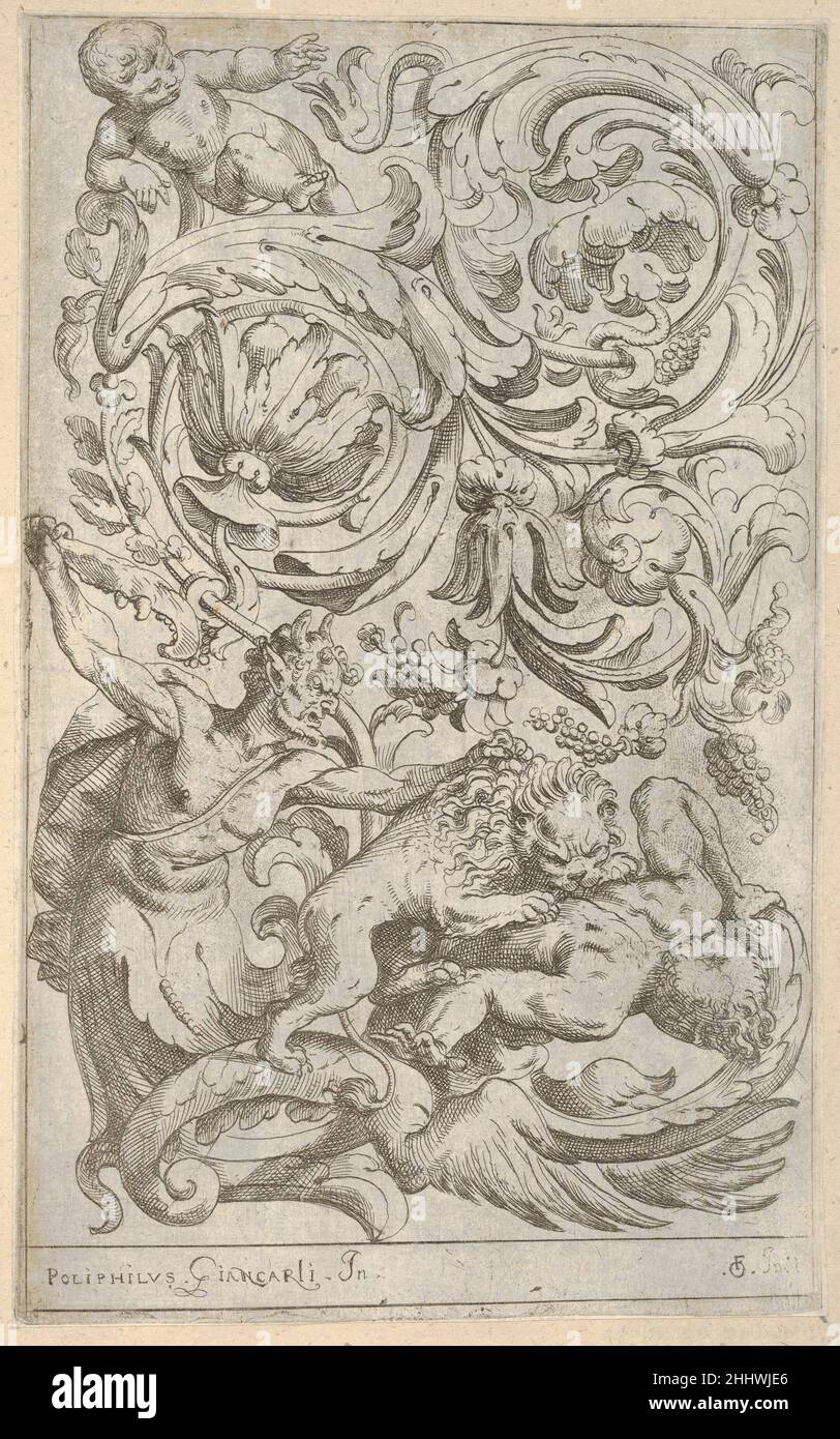 Disegni Varii di Polifilo Zancarli 1628 vor Polifilo Giancarli Italienisch Vertikale Paneelgestaltung mit Akanthus-Rinceau. Die untere Hälfte des Abdrucks zeigt, dass ein Satyr einen Löwen mit einem Teil eines Kieferknochens angreift. Der Löwe greift wiederum eine männliche Figur an, deren Unterkörper aus Akanthus-Blättern besteht. Oben im Rinceau ist ein Putto abgebildet. Disegni Varii di Polifilo Zancarli 410950 Stockfoto