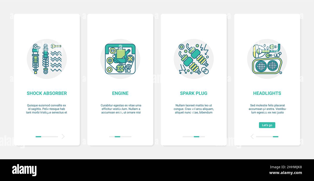 Kfz-Teile, Reparatur-Service-Vektor-Illustration. UX, UI Onboarding mobile App Seite Bildschirm mit Linie Automobil-Scheinwerfer, Auto Schock absorbieren Stock Vektor
