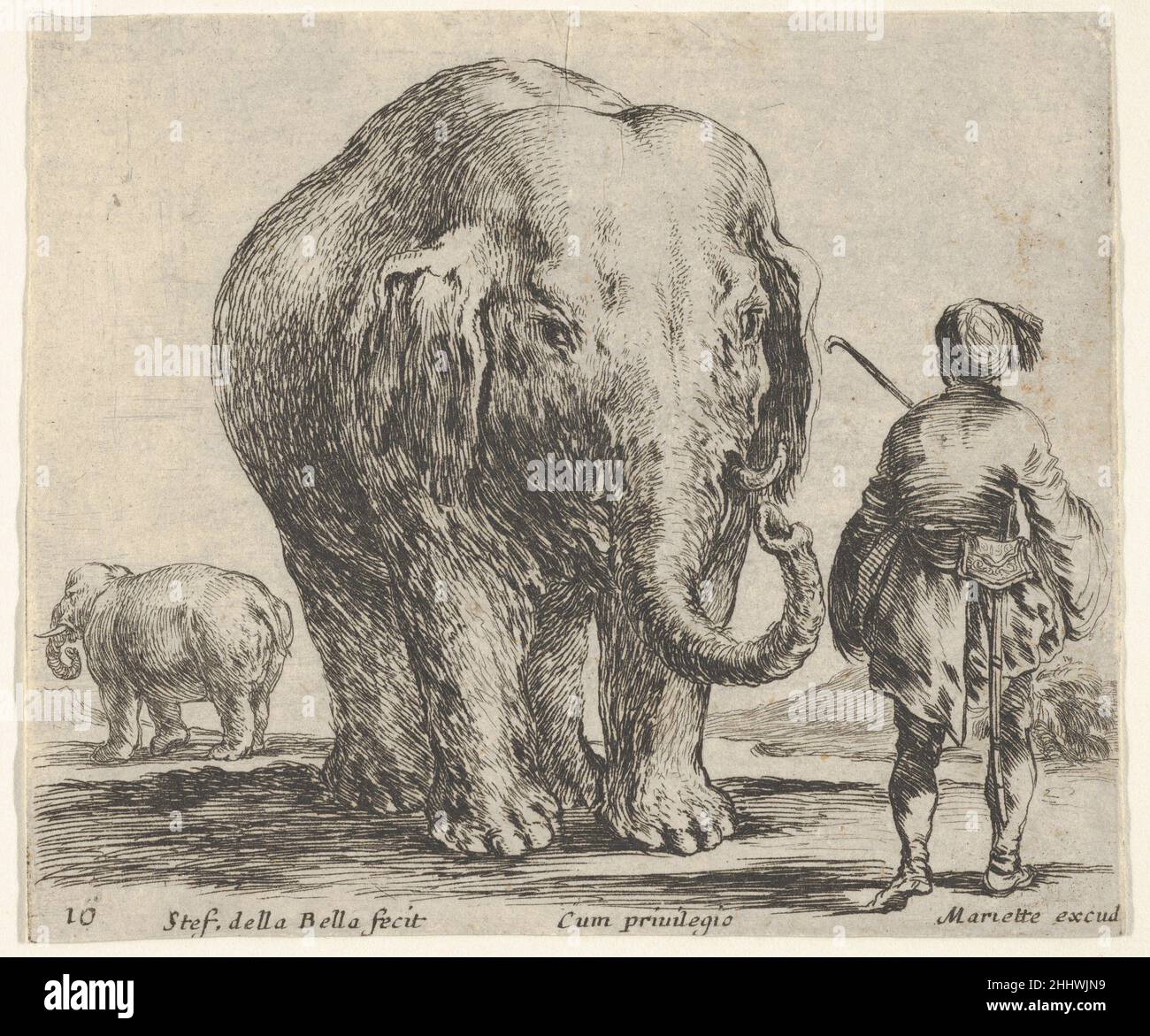 Tafel 16: Ein Elefant in der Mitte, sein Mahout rechts stehend in orientalischem Kostüm, ein weiterer Elefant links im Hintergrund, aus 'Diversi capricci' ca. 1644–47 Stefano della Bella Italienisch. Tafel 16: Ein Elefant in der Mitte, sein Mahout steht rechts in orientalischem Kostüm, ein weiterer Elefant links im Hintergrund, aus 'Diversi capricci' 410310 Stockfoto