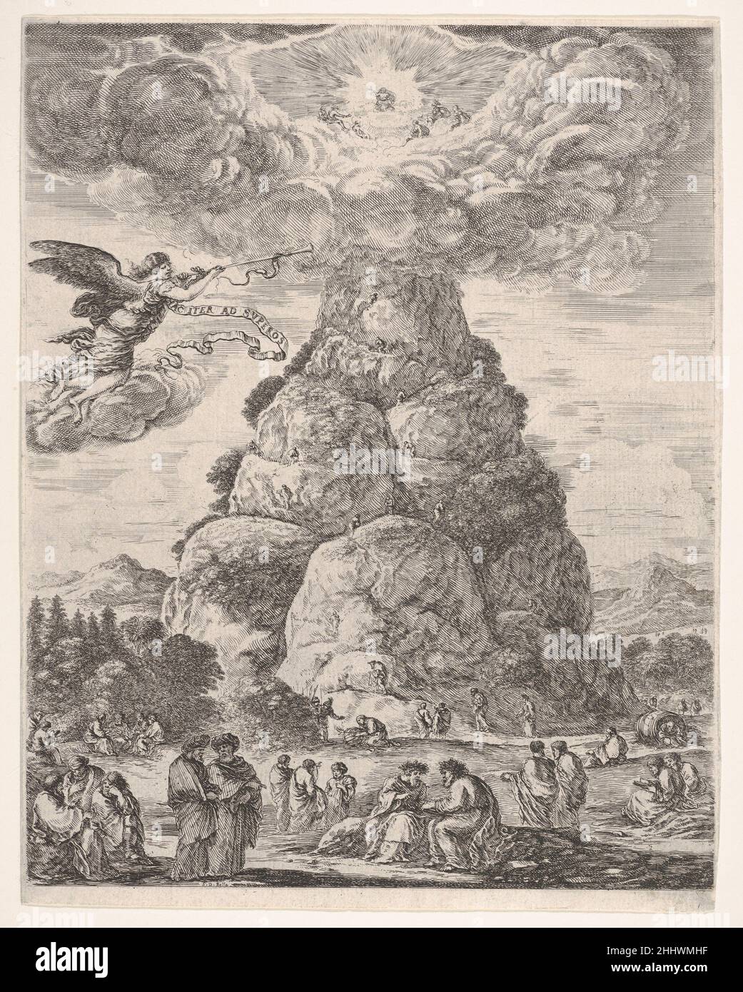 Felsen der Philospher, oder Berg Parnassus, viele alte Philosophen versammelten sich in Gruppen am Fuß des Berges im Vordergrund, Diogenes in seinem Fass nach rechts und Archimedes in der Mitte Studium einer Armillarsphäre in der Mitte, ein Engel am Himmel nach links, Der Berg im Hintergrund, eine große Wolke auf dem Gipfel des Berges mit der Versammlung der Götter Ca. 1661 Stefano della Bella Italienisch. Felsen der Philospher, oder Berg Parnassus, viele alte Philosophen versammelten sich in Gruppen am Fuße des Berges im Vordergrund, Diogenes in seinem Fass nach rechts und Archimedes in Stockfoto