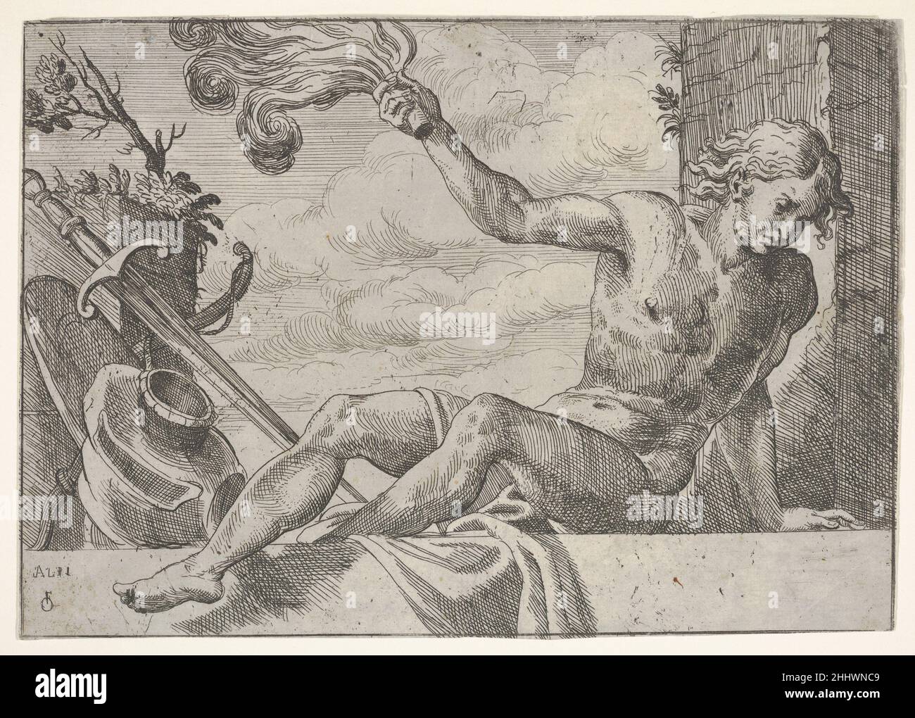 Mars, auf einer Wand sitzend und mit einer Flamme in der rechten Hand, mit Rüstung unter 1600–30 Odoardo Fialetti Italienisch. Mars, auf einer Wand sitzend und eine Flamme in seiner rechten Hand haltend, mit Rüstung unter 397757 Stockfoto