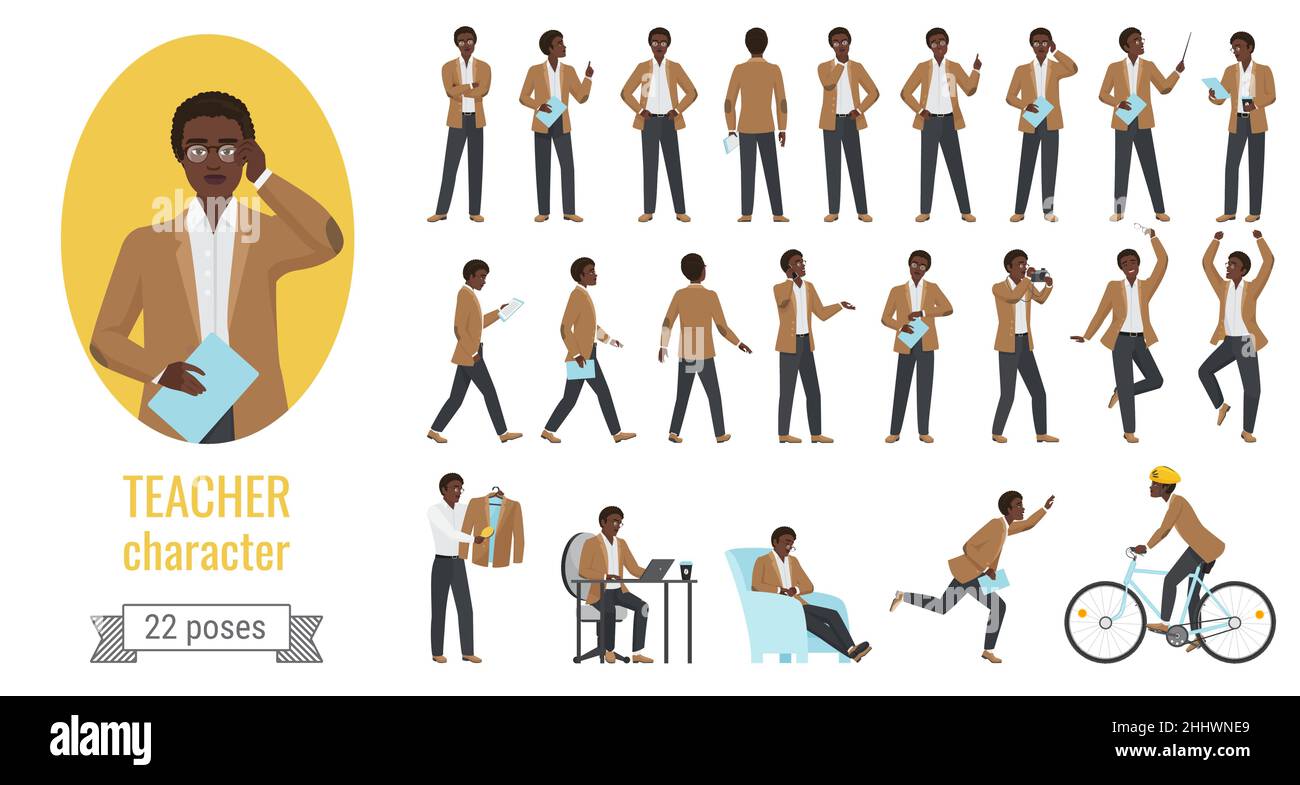 Stilvolle schwarz afroamerikanischen Mann Lehrer Posen Vektor Illustration Set. Cartoon Executive Erwachsene männliche Lektor Charakter posiert in zeigen, Denken, Stock Vektor