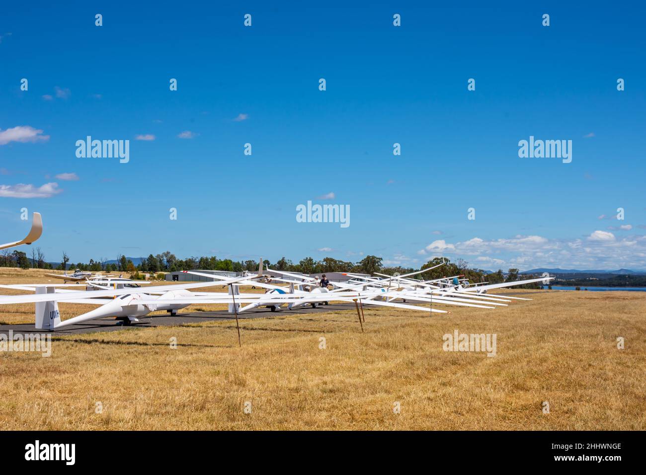 Segelflugzeuge in einer Schlange warten auf Schlepper, um sie zum Abheben am Lake Keepit Soaring Club Airfield, Gunnedah Australia, abzuschleppen. Stockfoto