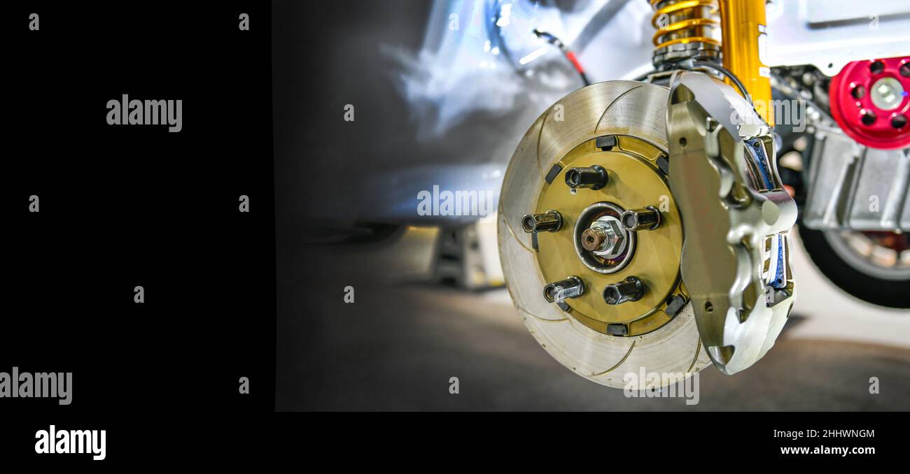 Scheibenbremse des Fahrzeugs zur Reparatur, Kopierplatz Stockfoto