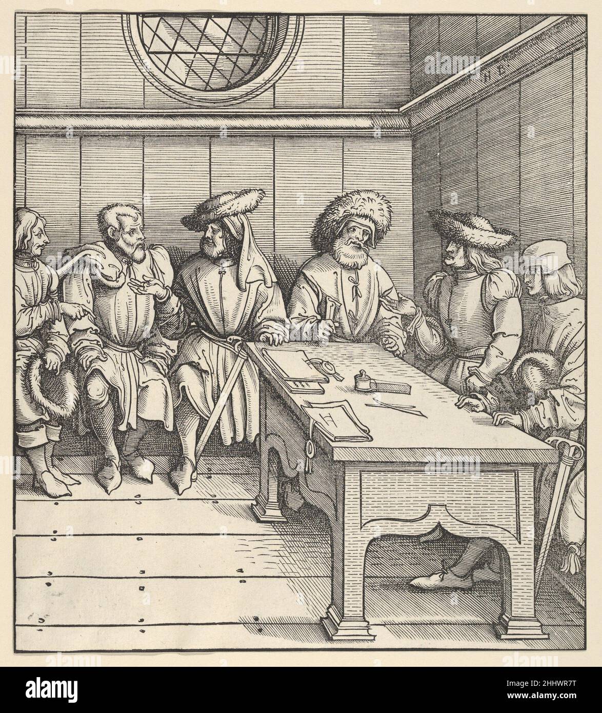 Der Rat des Weißen Königs mit den Geiseln, aus der Weisskunig 1514–16 Hans Burgkmair Deutsch der Weisskunig ist eine lose biographische Darstellung des Lebens Kaiser Maximilians I. der Text, verfasst von Maximilians Sekretär Marx Treitz-Sauerwein, wird von Illustrationen von Burgkmair sowie Leonhard Beck, Hans Schäufelein und Hans Springinklee, mit Beweisen, die zwischen 1514 und 16 fertiggestellt wurden. Sie blieben jedoch unveröffentlicht, bis die Blöcke 1775 wiederentdeckt wurden und sie dann als Buch von Hoffstätter in Wien veröffentlicht wurden. Die erste Auflage wurde ag veröffentlicht Stockfoto
