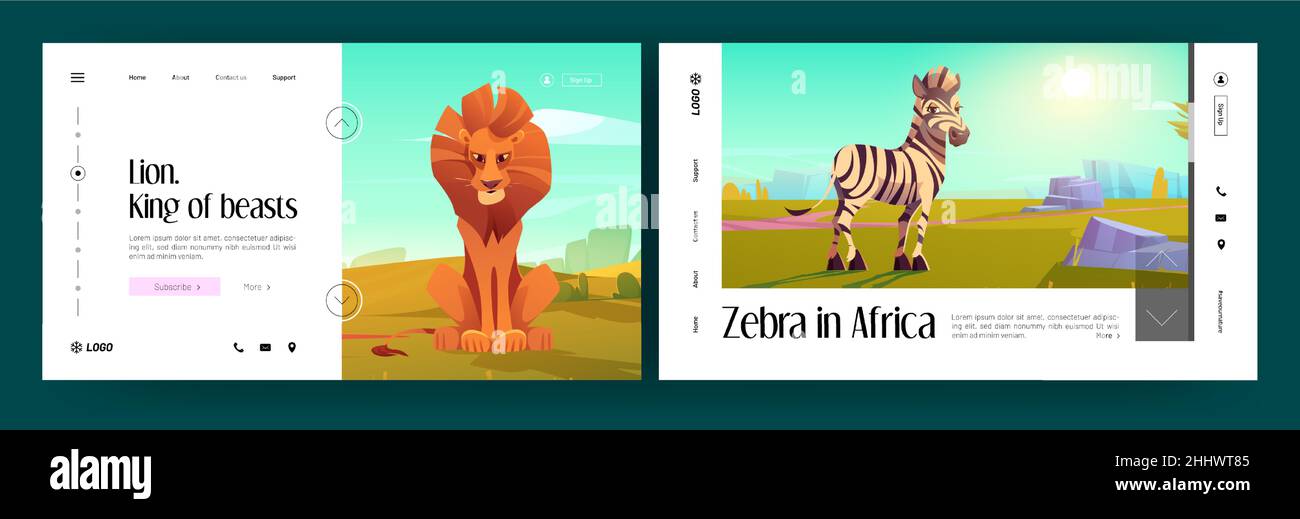 Afrikanische Tierbanner mit Zebra und Löwe in der Savanne. Vektor-Landing-Pages von Safaripark mit Cartoon-Illustration von wilden Tieren und Savannenlandschaft in Afrika Stock Vektor