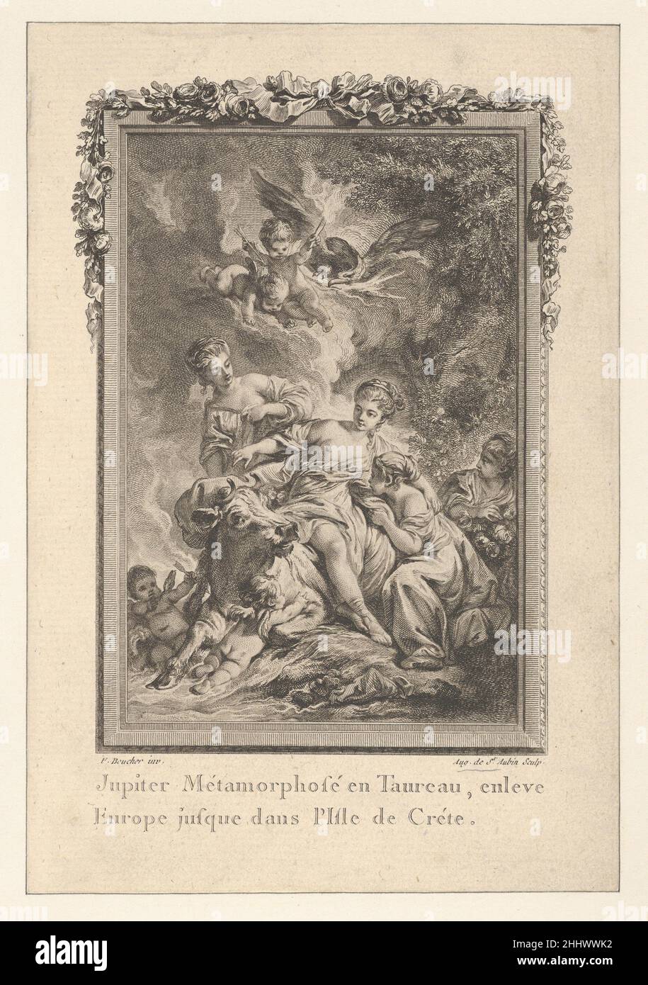 Vignette (Tomé 1.er, Seite 164, lib. II, fabelhaft. 15), Jupiter trägt Europa weg, von Les Métamorphoses d'Ovide en Latin et en François de la traduction de M. l'Abbé Banier de l'Académie Royale des Inscriptions et Belles-Lettres. Avec des explanations historiques. Ein Pariser Hotel im Stil des „Le à de la croix d'Or“, „Le Saint Jacques“. MDCCLXVII. Avec approbation et Privilège du ROI ca. 1765 Augustin de Saint-Aubin Französisch. Vignette (Tomé 1.er, Seite 164, lib. II, fabelhaft. 15), Jupiter trägt Europa weg, von Les Métamorphoses d'Ovide en Latin et en François de la traduction de M. l'Abbé Banier de l'Académie Royale Stockfoto