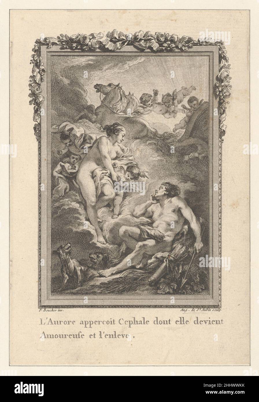 Vignette (Tome I.er, Seite 164, lib. II, fabelhaft. 15), Darstellung von Cepalus und Aurora, aus Les Métamorphoses d'Ovide en Latin et en François de la traduction de M. l'Abbé Banier de l'Académie Royale des Inscriptions et Belles-Lettres. Avec des explanations historiques. Ein Pariser Hotel im Stil des „Le à de la croix d'Or“, „Le Saint Jacques“. MDCCLXVII. Avec approbation et Privilège du ROI ca. 1765 Augustin de Saint-Aubin Französisch. Vignette (Tome I.er, Seite 164, lib. II, fabelhaft. 15), Darstellung von Cepalus und Aurora, aus Les Métamorphoses d'Ovide en Latin et en François de la traduction de M. l'Abbé Banier de l'Académie RO Stockfoto