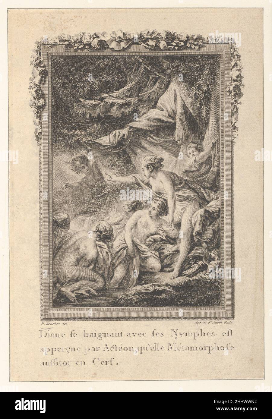Vignette (Tomé 1.er, Seite 200, lib. III, fabelhaft. 3), zeigt, wie Diana Actaeon in einen Stag verwandelt, aus Les Métamorphoses d'Ovide en Latin et en François de la traduction de M. l'Abbé Banier de l'Académie Royale des Inscriptions et Belles-Lettres. Avec des explanations historiques. Ein Pariser Hotel im Stil des „Le à de la croix d'Or“, „Le Saint Jacques“. MDCCLXVII. Avec approbation et Privilège du ROI 1766 Augustin de Saint-Aubin Französisch. Vignette (Tomé 1.er, Seite 200, lib. III, fabelhaft. 3), zeigt, wie Diana aus Les Métamorphoses d'Ovide en Latin et en François de la traduction de M. l'Abbé Actaeon in einen Stag verwandelt Stockfoto