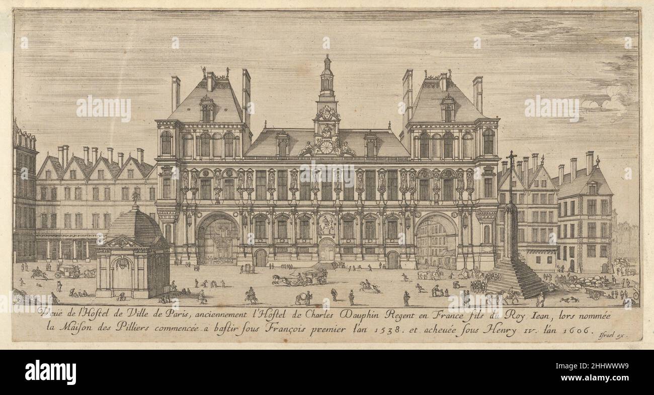 Blick auf die Fassade des Hôtel de Ville, Paris, im Vordergrund ein Kreuz auf einer Stufenplattform und ein freistehendes Kuppelgebäude ca. 1636–91 Israel Silvestre Französisch. Blick auf die Fassade des Hôtel de Ville, Paris, im Vordergrund ein Kreuz auf einer Stufenplattform und ein freistehendes Kuppelgebäude 399555 Stockfoto