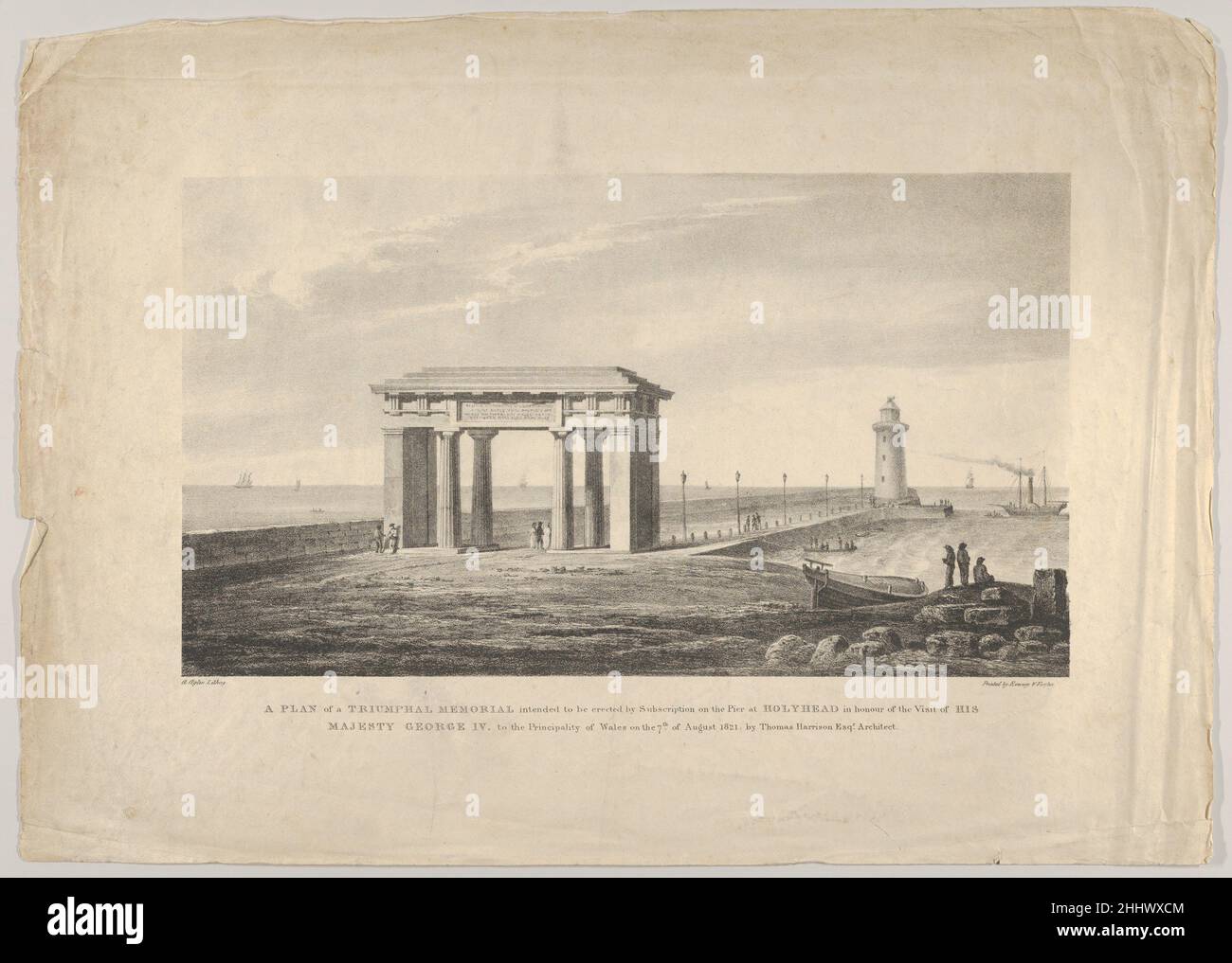 Ein Plan für ein Triumphdenkmal....in Holyhead zu Ehren des Besuchs seiner Majestät George IV im Fürstentum Wales am 7th. August 1821 durch Thomas Harrison Esq. Architekt ca. 1822 auf Stein gezeichnet von Augostino Aglio, dem älteren Italiener, Ein zeremonielles Gedenktor, das 1822-24 in Holyhead, Anglesey, Wales, erbaut wurde, um an einen Besuch von George IV. Im Jahr 1821 zu erinnern. Ein Plan für ein Triumphdenkmal....in Holyhead zu Ehren des Besuchs seiner Majestät George IV im Fürstentum Wales am 7th. August 1821 durch Thomas Harrison Esq. Architekt 424195 Stockfoto