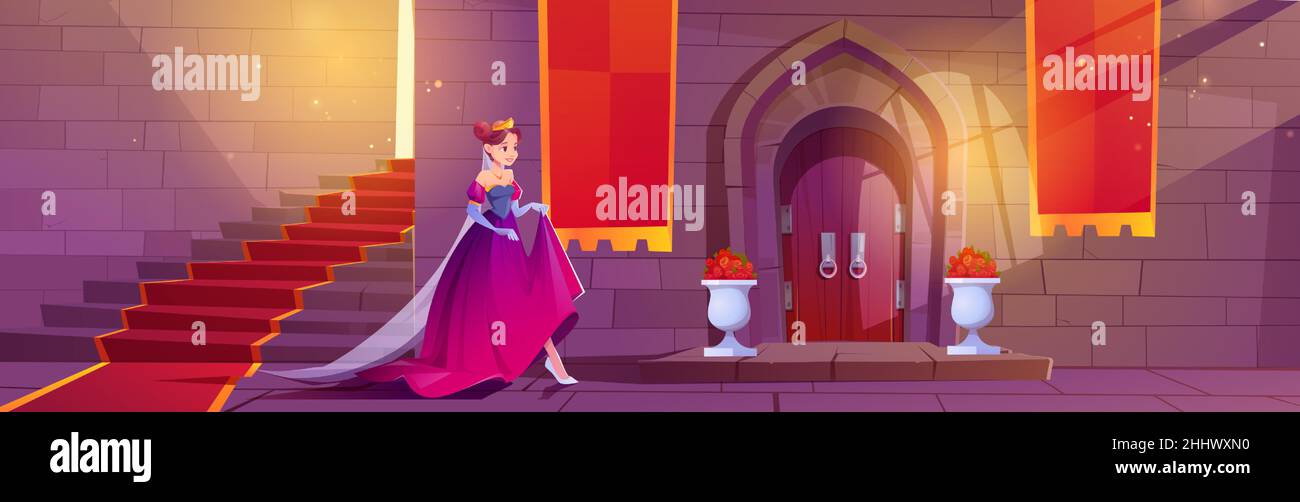 Prinzessin in Gold Krone in mittelalterlichem Schloss mit Treppe und Holztüren. Märchen schönes Mädchen in rosa Kleid. Vektor-Cartoon-Illustration des königlichen Palastes mit rotem Teppich auf Treppen und Blumen Stock Vektor