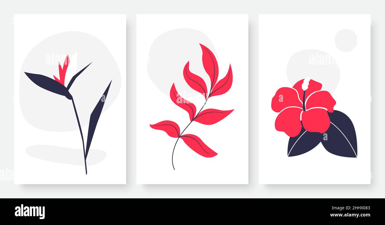 Blume und Blätter einzigen kontinuierlichen Linie Kunst Vektor Illustration Set. Abstrakt schlichtes kreatives tropisches Blatt, Pflanzen in rot und schwarz, Handzeichnen Stock Vektor