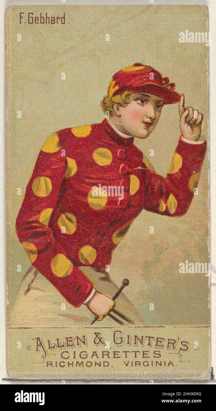 F. Gebhard, aus der Serie Racing Colors of the World (N22b) für Allen & Ginter Cigarettes 1888 Allen & Ginter American Trade Cards aus der Serie 'Racing Colors of the World' (N22b), die 1888 in einem Satz von 50 Karten herausgegeben wurde, um die Zigaretten der Marke Allen & Ginter zu bewerben. Die Serie wurde in zwei Variationen veröffentlicht. N22a enthält einen weißen Rand um den Umfang jeder Karte und N22b nicht.. F. Gebhard, aus der Serie Racing Colors of the World (N22b) für Allen & Ginter Cigarettes 409486 Stockfoto