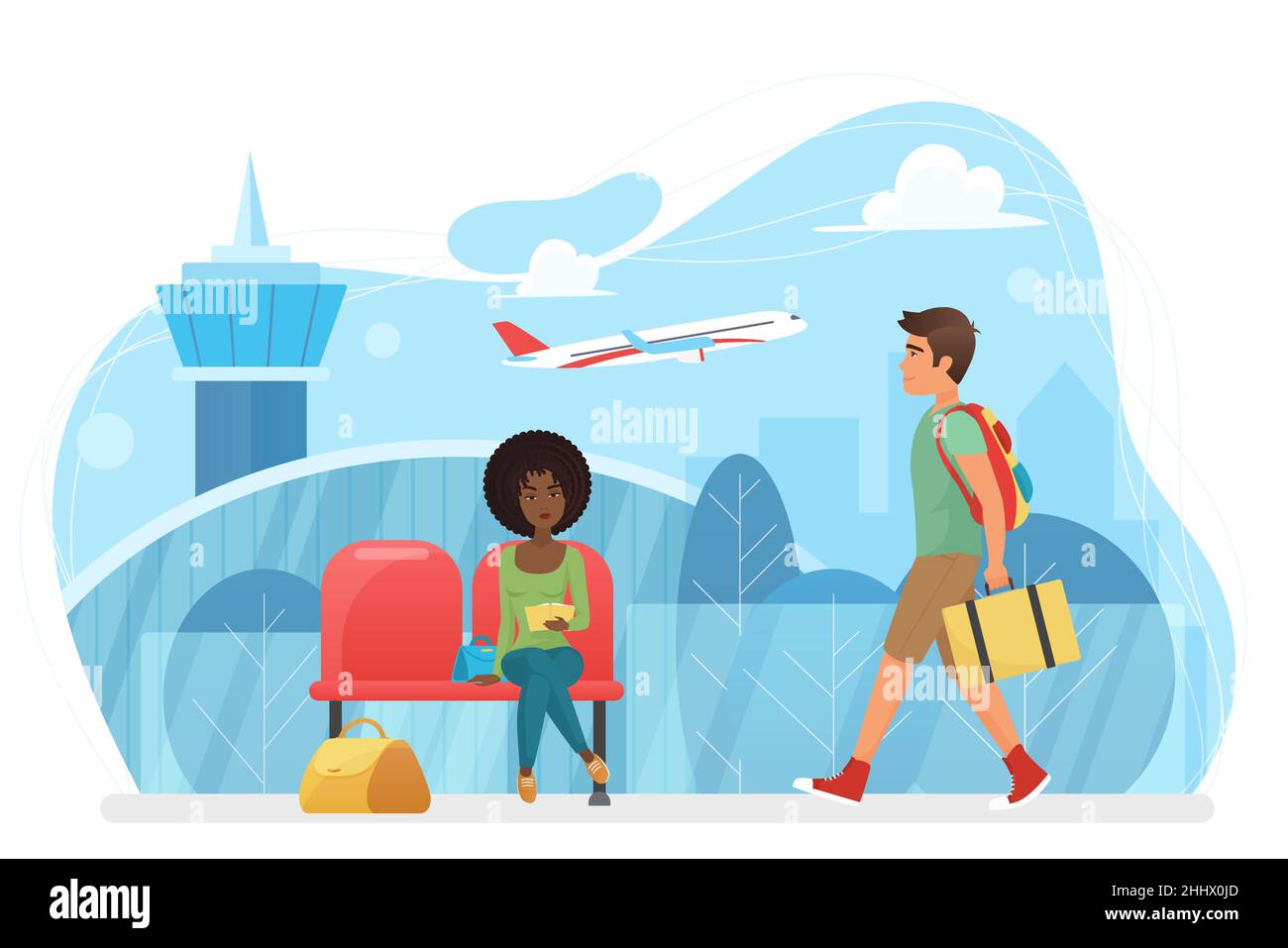 Flughafen Abflug Lounge-Raum Terminal mit wartenden Menschen Vektorgrafik. Cartoon-Personen sitzen im Sessel, gehen mit Taschen in internationa Stock Vektor