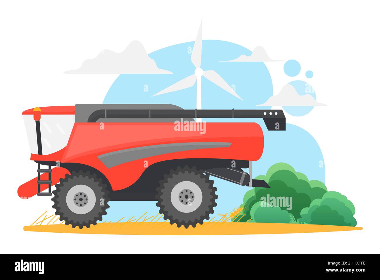Mähdrescher für Weizenfarm Kombinieren Sie die maschinelle Landwirtschaft auf dem ländlichen gelben Getreidefeld mit Windmühle-Vektorgrafik. Cartoon moderne Maschinen in der Landwirtschaft Stock Vektor