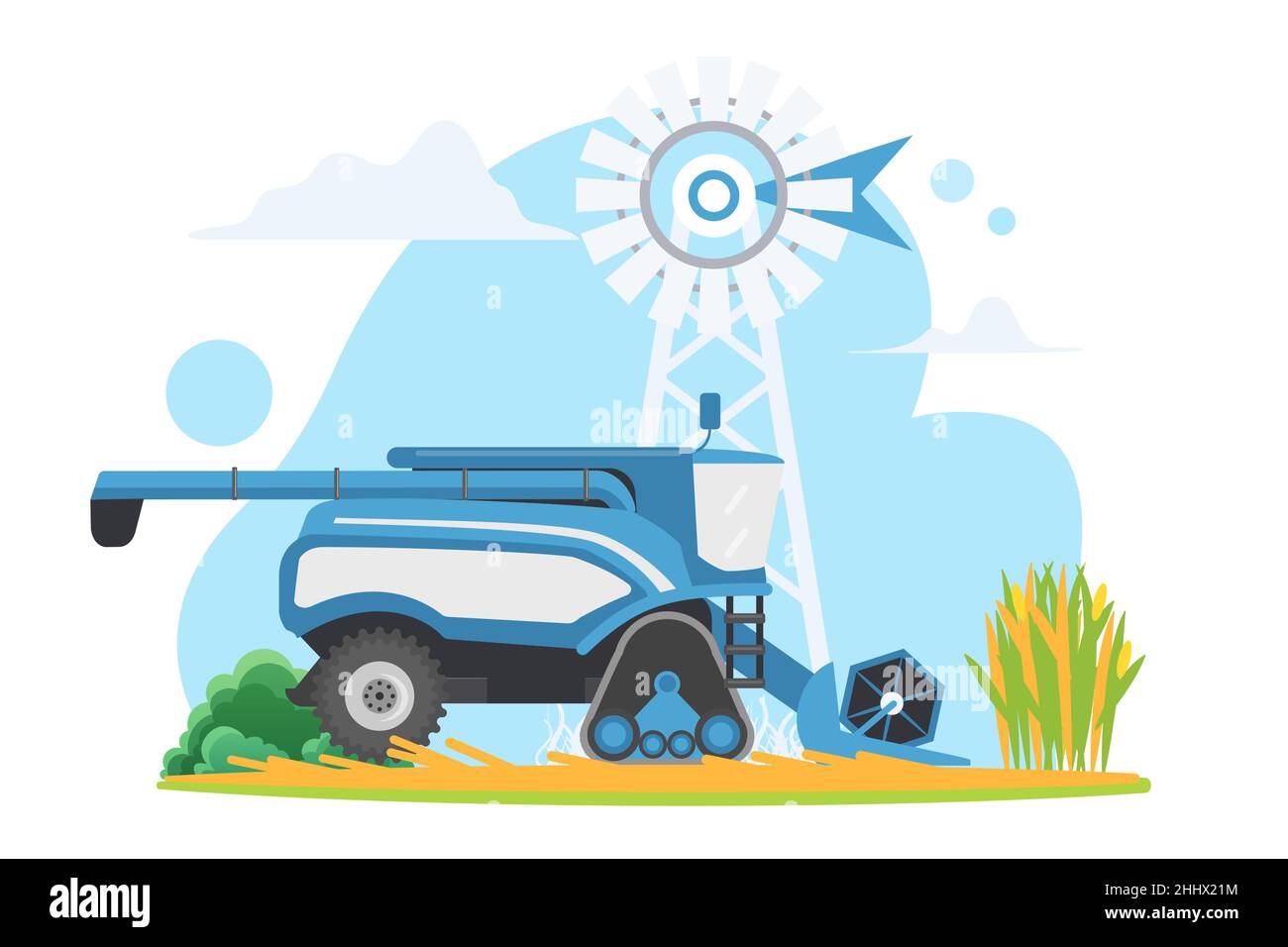 Farm Harvester kombinieren auf Dorf Land Ranch Land Vektor-Illustration. Cartoon Landmaschinen arbeiten auf Getreide Mais kultivierten Ackerland Stock Vektor