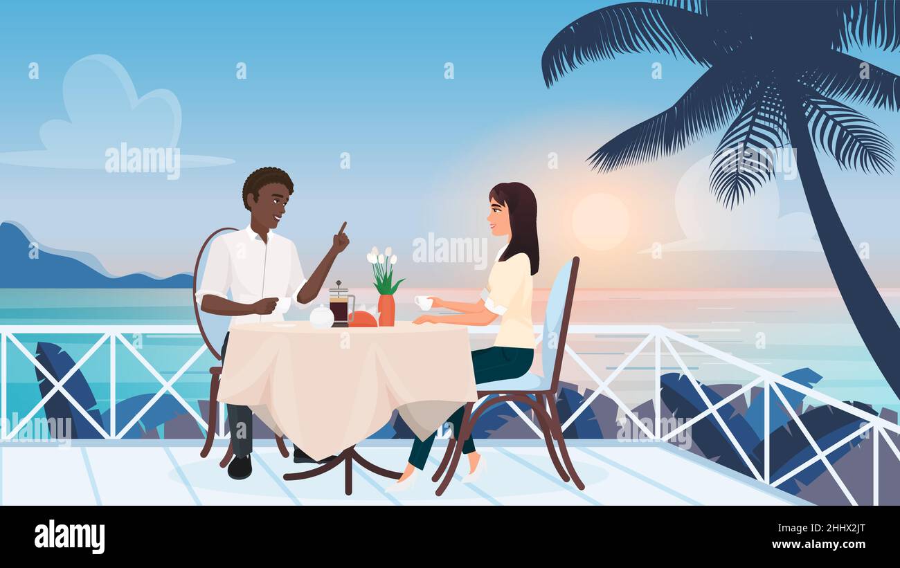 Paar Menschen auf Liebe Romantik aus im Freien Café Vektor Illustration. Cartoon junger Mann Frau sitzt auf der Terrasse des tropischen Meeres Strand, trinken c Stock Vektor