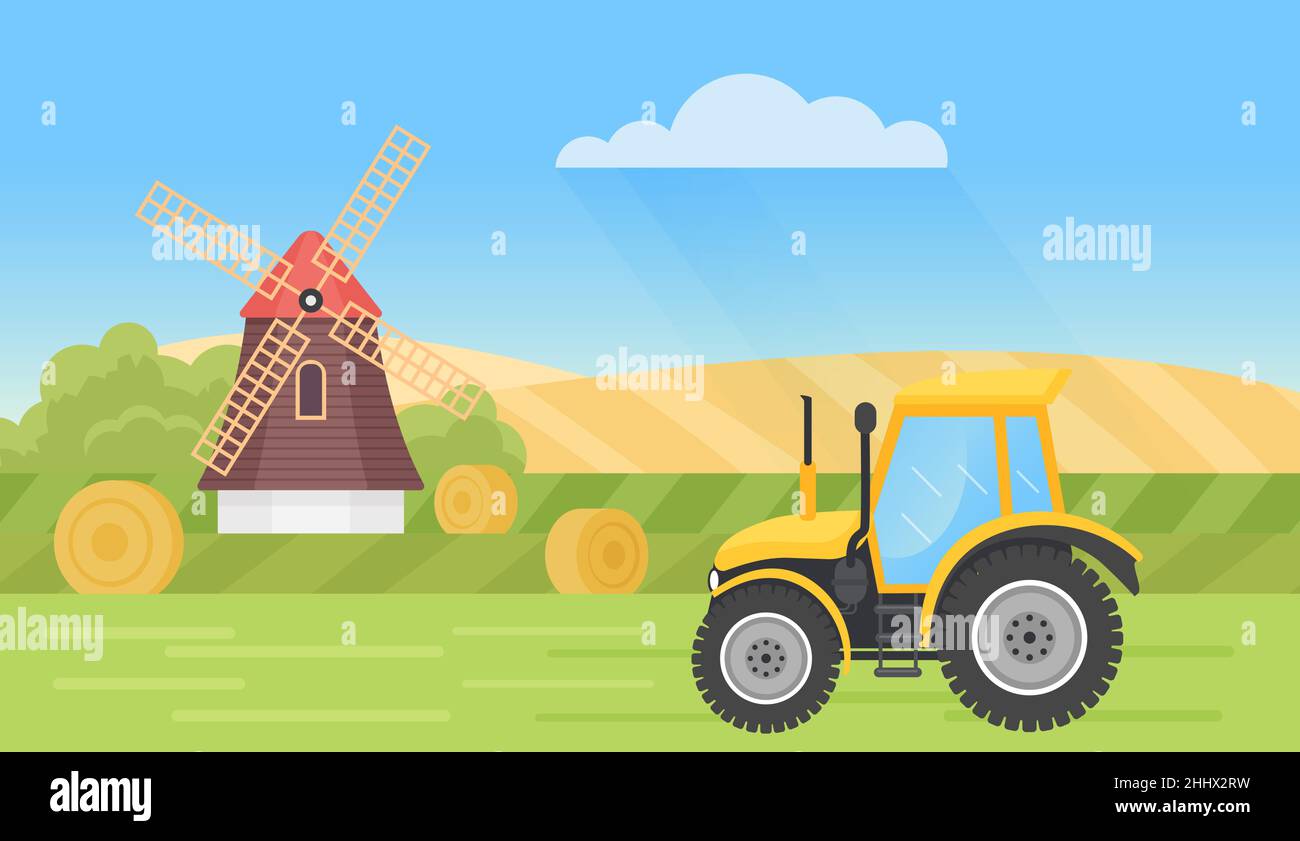 Bauernhof Traktor im Sommer Dorf Landschaft Vektor Illustration. Cartoon Landschaft Szene mit Mühlen und Heuhaufen, kultivierte Weizenfelder auf Hügeln, ag Stock Vektor