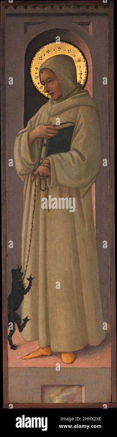 St. Bernhard von Clairvaux ca. 1447–1469 Werkstatt von Fra Filippo Lippi Italienisch Dieses Gemälde und ein weiteres Gemälde, das einen nicht identifizierten männlichen heiligen darstellt, das ebenfalls zur Lehman Collection (1975,1.70A) gehört, waren Teil einer Gruppe von achtzehn Tafeln mit Heiligendarstellungen (jetzt in der Courtauld Institute Gallery, London; Worcester Art Museum, Massachusetts; Fogg Art Museum, Cambridge, Massachusetts; Honolulu Academy of Arts, Hawaii; University of Georgia, Athen, Georgia; Und auf dem Kunstmarkt, 1985), die vielleicht einen Sakristei-Schrank geschmückt haben. Die Figuren in der Serie scheinen von drei ausgeführt worden zu sein Stockfoto