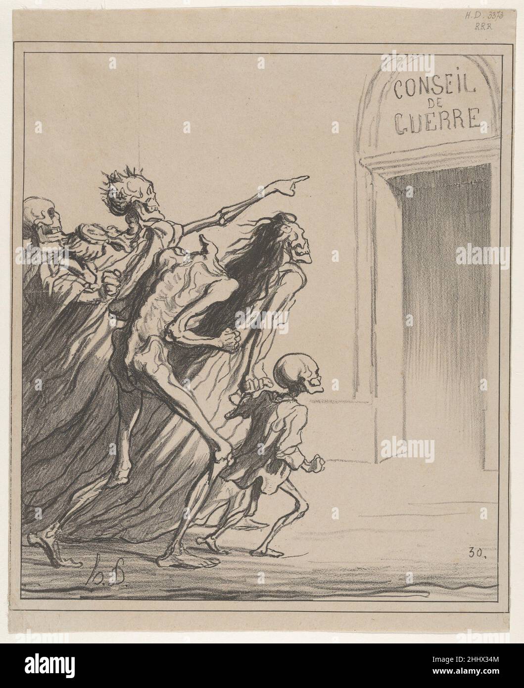 Die Zeugen - der Kriegsrat 1872 Honoré Daumier der französische Daumier hat die französische Politik mit einer derart düsteren, unauslöschlichen Hoffnung untersucht, dass seine Karikaturen überall jede Krise symbolisieren. Seine Vision eines zeitlosen Albtraums, Skelette auf dem marsch in Richtung der Büros des kriegsrates, schockierte die Zensoren, die Veröffentlichung dieses Druckes zu verbieten. So, während Daumiers Karikaturen in der Regel in großer Zahl zirkulierten, gibt es nur eine der Rat des Krieges.. Die Zeugen - Der Kriegsrat 364214 Stockfoto