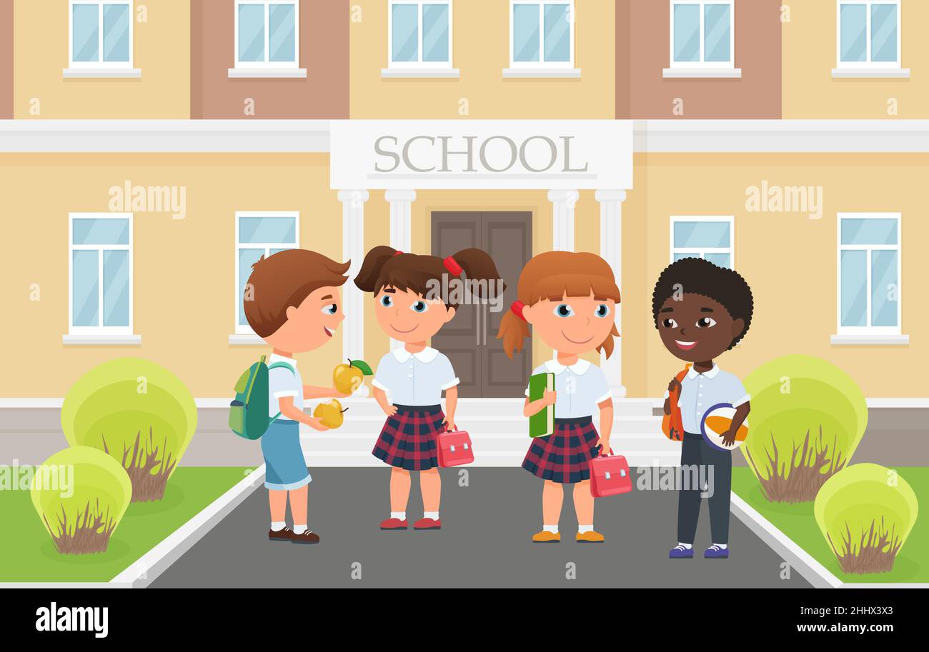 Glückliche Kinder vor dem Eingang des Schulgebäudes, lustige, vielfältige Gruppe von Schülern, die zusammen stehen, Vektordarstellung. Cartoon kleines Mädchen Junge Kind Stock Vektor