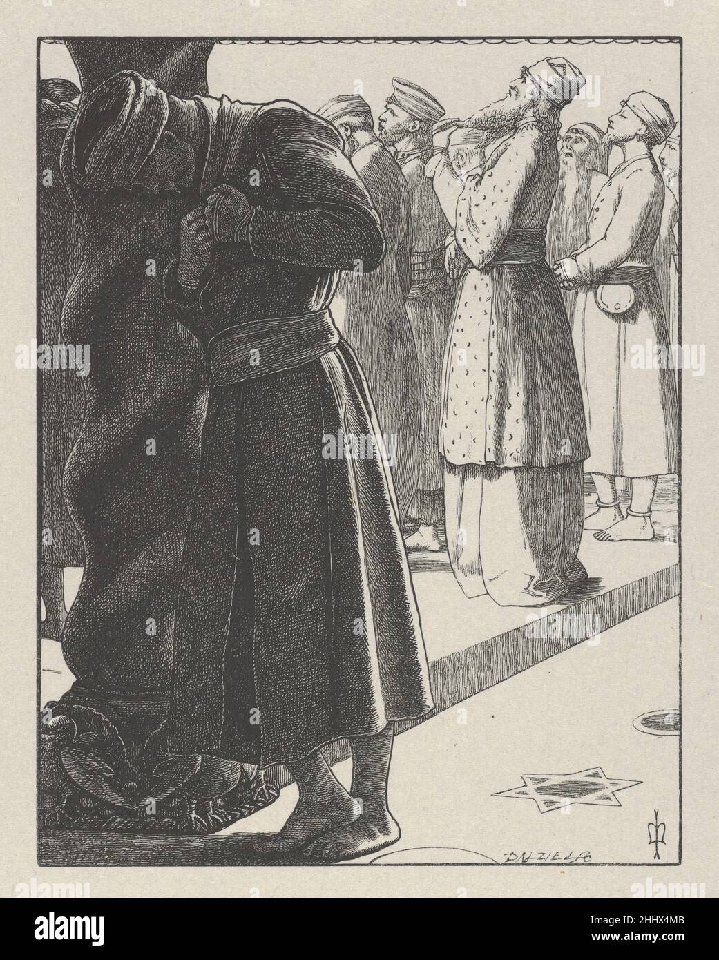 Der Pharisäer und der Zöllner (die Gleichnisse unseres Herrn und Erlösers Jesus Christus) 1864 nach Sir John Everett Millais Britisch Es dauerte sieben Jahre, bis Millais zwanzig von neutestamentlichen Gleichnissen inspirierte Bilder für die Gebrüder Dalziel entworfen hatte, und die resultierenden Abzüge gelten als Holzschnitzelbilder. Der Künstler schrieb an seine Verleger: „Ich kann gewöhnliche Zeichnungen so schnell machen wie die meisten Menschen, aber diese Entwürfe können kaum im gleichen Licht betrachtet werden – jede Parabel illustriere ich vielleicht ein Dutzend Mal, bevor ich [das Bild] fixiere.“ Nach Abschluss eines Entwurfs übertrug Millais es auf ein w Stockfoto