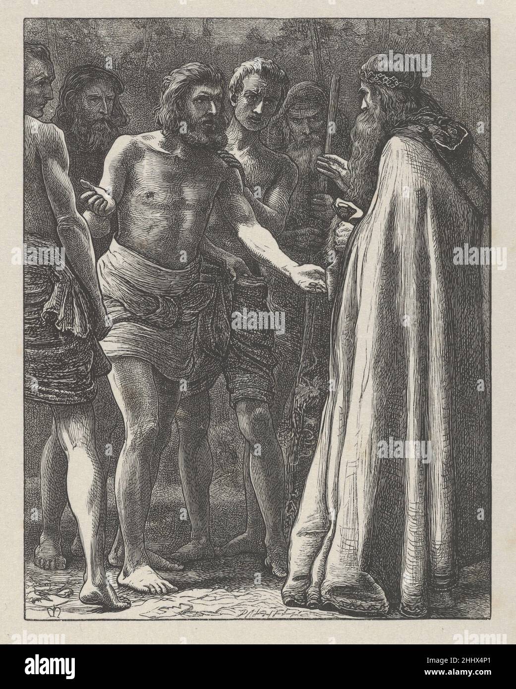 Die Arbeiter im Weinberg (die Gleichnisse unseres Herrn und Erlösers Jesus Christus) 1864 nach Sir John Everett Millais Britisch Es dauerte sieben Jahre, bis Millais zwanzig von neutestamentlichen Gleichnissen inspirierte Bilder für die Gebrüder Dalziel entworfen hatte, und die resultierenden Abzüge gelten als Holzschnitzerei. Der Künstler schrieb an seine Verleger: „Ich kann gewöhnliche Zeichnungen so schnell machen wie die meisten Menschen, aber diese Entwürfe können kaum im gleichen Licht betrachtet werden – jede Parabel illustriere ich vielleicht ein Dutzend Mal, bevor ich [das Bild] fixiere.“ Nach Abschluss eines Entwurfs übertrug Millais es auf ein w Stockfoto