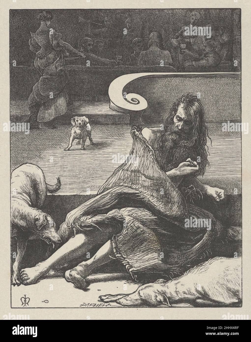 Der reiche Mann und Lazarus (die Gleichnisse unseres Herrn und Erlösers Jesus Christus) 1864 nach Sir John Everett Millais Britisch Es dauerte sieben Jahre, bis Millais zwanzig Bilder entworfen hatte, die von neutestamentlichen Gleichnissen für die Dalziel-Brüder inspiriert waren, und die resultierenden Abzüge gelten als Holzschnitzelbilder. Der Künstler schrieb an seine Verleger: „Ich kann gewöhnliche Zeichnungen so schnell machen wie die meisten Menschen, aber diese Entwürfe können kaum im gleichen Licht betrachtet werden – jede Parabel illustriere ich vielleicht ein Dutzend Mal, bevor ich [das Bild] fixiere.“ Nach Abschluss eines Entwurfs übertrug Millais ihn in ein Holzbl Stockfoto