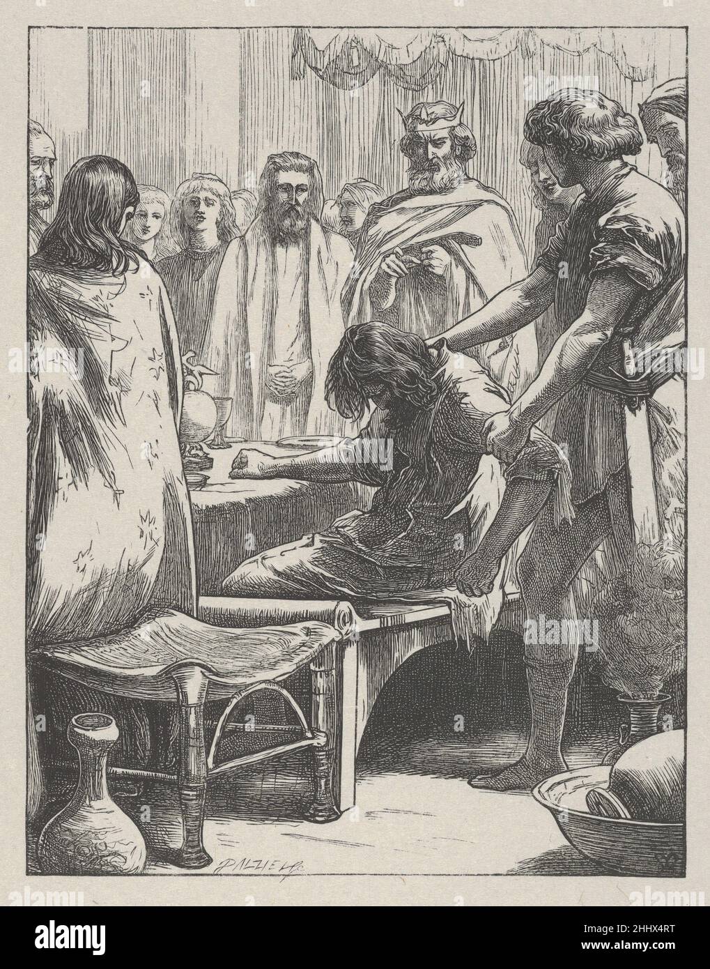 The Marriage Feast (The Parables of Our Lord and Retour Jesus Christ) 1864 nach Sir John Everett Millais Britisch Es dauerte sieben Jahre, bis Millais zwanzig Bilder entworfen hatte, die von neutestamentlichen Parabeln für die Dalziel-Brüder inspiriert waren, und die resultierenden Drucke gelten als Holzschnitzelbilder. Der Künstler schrieb an seine Verleger: „Ich kann gewöhnliche Zeichnungen so schnell machen wie die meisten Menschen, aber diese Entwürfe können kaum im gleichen Licht betrachtet werden – jede Parabel illustriere ich vielleicht ein Dutzend Mal, bevor ich [das Bild] fixiere.“ Nach Fertigstellung eines Entwurfs übertrug Millais ihn an einen Holzschnitt-CO Stockfoto