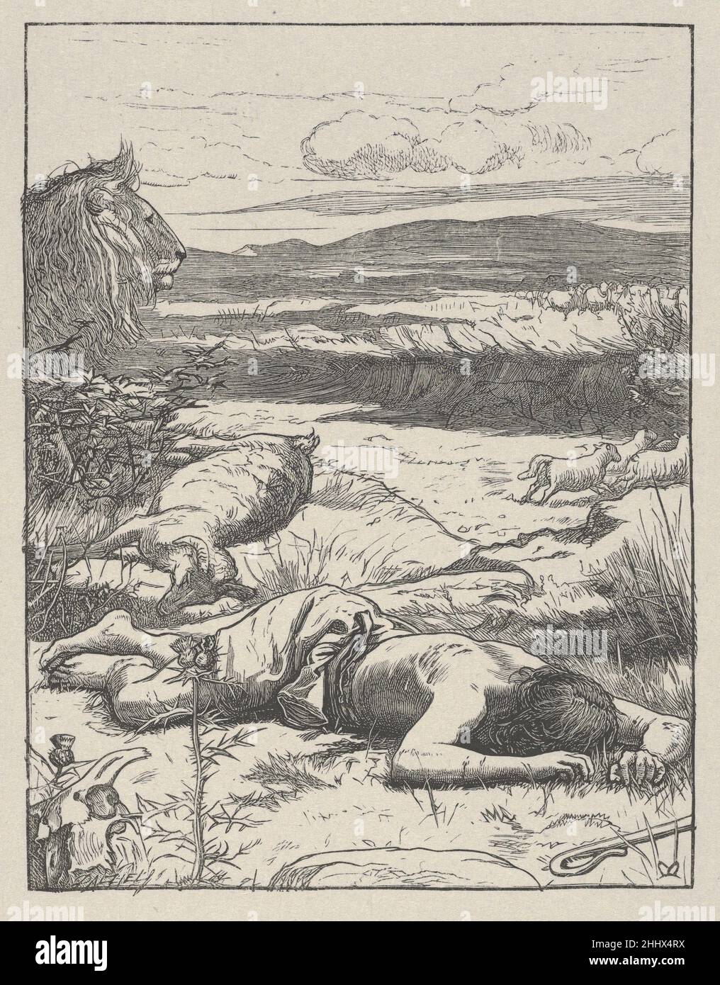 The Good Shepherd (The Parables of Our Lord and Retour Jesus Christ) 1864 nach Sir John Everett Millais Britisch Es dauerte sieben Jahre, bis Millais zwanzig Bilder entworfen hatte, die von neutestamentlichen Parabeln für die Dalziel-Brüder inspiriert waren, und die resultierenden Abzüge gelten als Holzschnitzelbilder. Der Künstler schrieb an seine Verleger: „Ich kann gewöhnliche Zeichnungen so schnell machen wie die meisten Menschen, aber diese Entwürfe können kaum im gleichen Licht betrachtet werden – jede Parabel illustriere ich vielleicht ein Dutzend Mal, bevor ich [das Bild] fixiere.“ Nach Fertigstellung eines Entwurfs übertrug Millais ihn auf ein holzschnitt-echtheitszertifikat Stockfoto