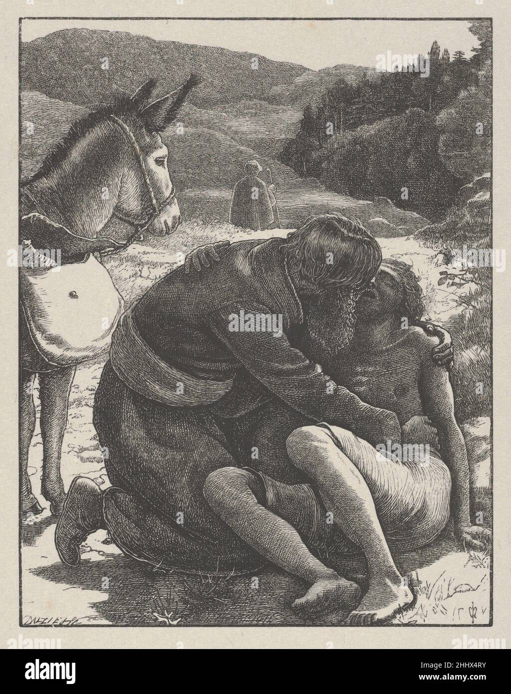 Der barmherzige Samariter (die Gleichnisse unseres Herrn und Erlösers Jesus Christus) 1864 nach Sir John Everett Millais Britisch Es dauerte sieben Jahre, bis Millais zwanzig von neutestamentlichen Gleichnissen inspirierte Bilder für die Gebrüder Dalziel entworfen hatte, und die resultierenden Abzüge gelten als Holzschnitzelbilder. Der Künstler schrieb an seine Verleger: „Ich kann gewöhnliche Zeichnungen so schnell machen wie die meisten Menschen, aber diese Entwürfe können kaum im gleichen Licht betrachtet werden – jede Parabel illustriere ich vielleicht ein Dutzend Mal, bevor ich [das Bild] fixiere.“ Nach Fertigstellung eines Entwurfs übertrug Millais ihn an einen Holzschnitt-CO Stockfoto