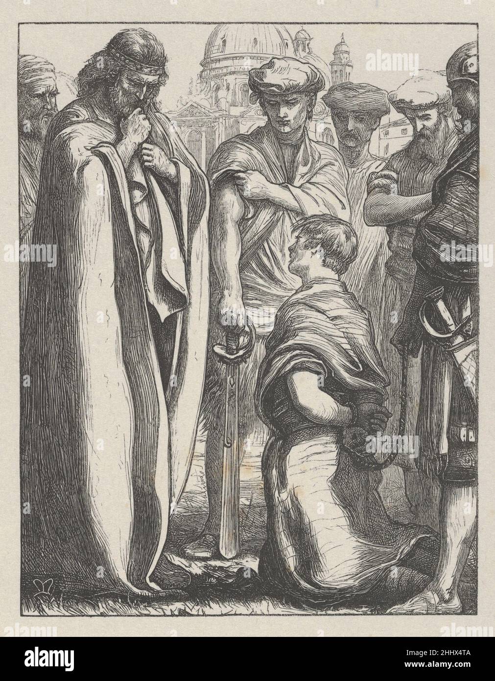 Der unbarmherzige Diener (die Gleichnisse unseres Herrn und Erlösers Jesus Christus) 1864 nach Sir John Everett Millais Britisch Es dauerte sieben Jahre, bis Millais zwanzig Bilder entworfen hatte, die von neutestamentlichen Gleichnissen für die Dalziel-Brüder inspiriert waren, und die resultierenden Abzüge gelten als Holzschnitzelbilder. Der Künstler schrieb an seine Verleger: „Ich kann gewöhnliche Zeichnungen so schnell machen wie die meisten Menschen, aber diese Entwürfe können kaum im gleichen Licht betrachtet werden – jede Parabel illustriere ich vielleicht ein Dutzend Mal, bevor ich [das Bild] fixiere.“ Nach Fertigstellung eines Entwurfs übertrug Millais ihn in einen Holzblock Stockfoto