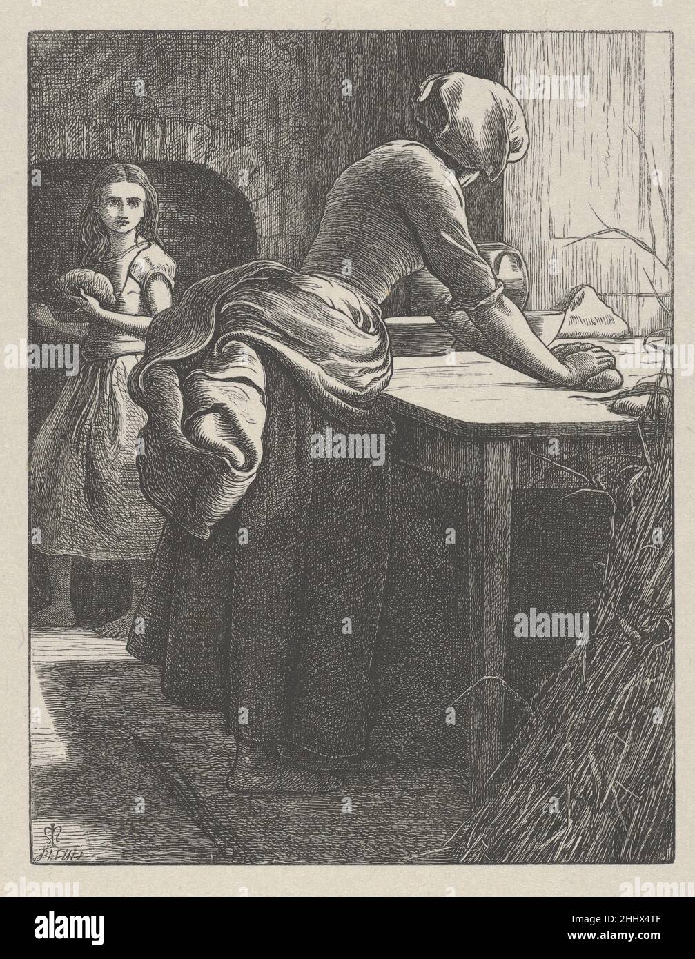 Das Gleichnis vom Sauerteig (die Gleichnisse unseres Herrn und Erlösers Jesus Christus) 1864 nach Sir John Everett Millais Britisch Es dauerte sieben Jahre, bis Millais zwanzig von neutestamentlichen Gleichnissen inspirierte Bilder für die Gebrüder Dalziel entworfen hatte, und die resultierenden Abzüge gelten als Holzschnitzelbilder. Der Künstler schrieb an seine Verleger: „Ich kann gewöhnliche Zeichnungen so schnell machen wie die meisten Menschen, aber diese Entwürfe können kaum im gleichen Licht betrachtet werden – jede Parabel illustriere ich vielleicht ein Dutzend Mal, bevor ich [das Bild] fixiere.“ Nach Abschluss eines Entwurfs übertrug Millais ihn in einen Holzschnitt Stockfoto