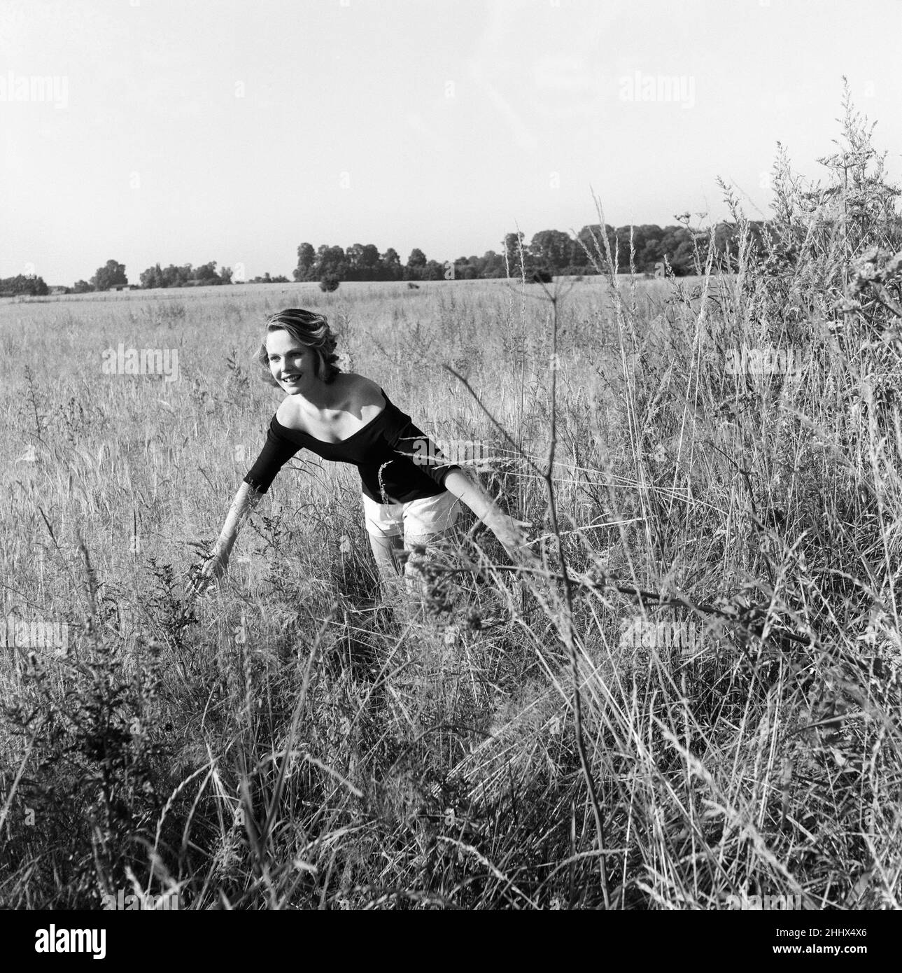 Die 22-jährige Paula Haworth aus London ist vor kurzem verheiratet und wird sich ihrem Mann Capt. John Richards anschließen, der gerade nach Malaya gegangen ist. Paula wird zu Weihnachten mit ihm zusammen sein. Abgebildet auf einem Feld in der Nähe von Slough. 26th. Juli 1955. Stockfoto