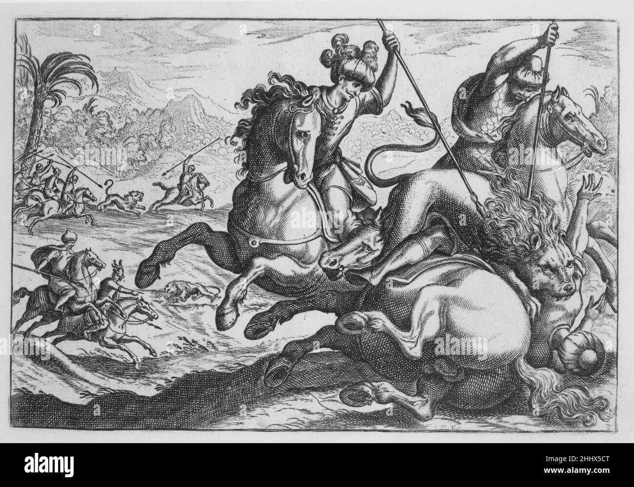 Löwenjagd, aus „Hunting Scenes IV“, Antonio Tempesta aus dem späten 16th. Jahrhundert. Löwenjagd, aus „Jagdszenen IV“ 401646 Stockfoto
