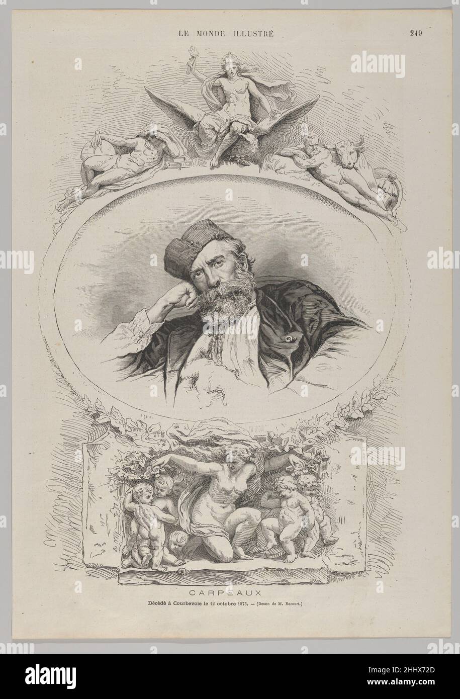 Porträt von Jean-Baptiste Carpeaux, aus 'Le Monde Illustré' 16. Oktober 1875 Anonym, französisch, 19th. Jahrhundert der Bildhauer Carpeaux starb am 12. Oktober 1875 und diese ganzseitige Hommage erschien einige Tage später in der französischen Wochenzeitung 'Le Monde Illustré'. Sein Abbild, basierend auf einer Fotografie von Numa Blanc, wird von zwei seiner skulpturalen Arbeiten eingerahmt: "Imperial France Bringing Light to the World and Protecting Science, Agriculture, and Industry" oben und "The Triumph of Flora" unten. Beide Gruppen schmücken die façade Südfassade des Pavillon de Flore im Musée du Louvre, Paris und wurden enthüllen Stockfoto