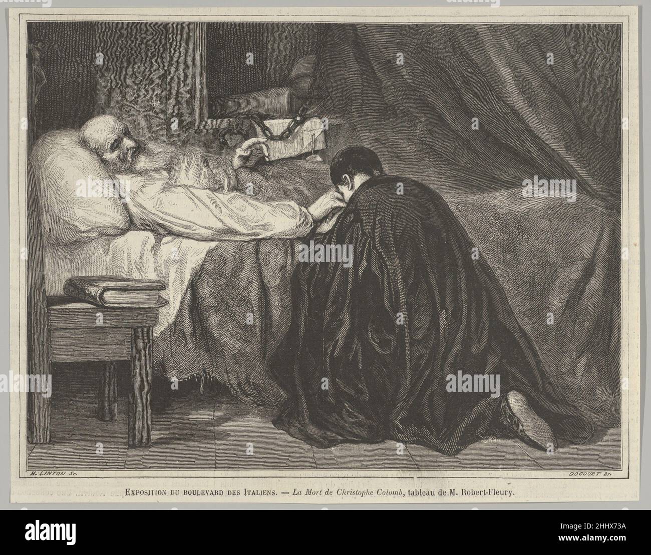 Der Tod von Christopher Columbus, aus 'Le Monde Illustré' 14. Juli 1860 Henry Linton der in einer Pariser Zeitschrift veröffentlichte Holzstich von British Linton gibt eine Leinwand des französischen akademischen Malers Robert-Fleury wieder. Im Jahr 1840s hatte der Künstler "den Empfang von Christoph Kolumbus durch König Ferdinand II. Und Königin Isabella von Spanien in Barcelona" und "Christoph Kolumbus vom Spanischen Hof empfangen" (Musée du Luxembourg) gemalt. Hier, anderthalb Jahrzehnte später, zeigt er den berühmten Entdecker am Ende seines Lebens. Das Gemälde wurde in einer Ausstellung von 1860 modernen Gemälden aus privaten c gezeigt Stockfoto