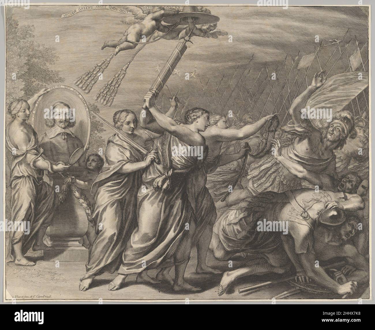 Kardinal (le Bret?) In oval mit allegorischen Figuren und einer Kampfszene 17th Jahrhundert Grégoire Huret Französisch. Kardinal (le Bret?) In oval mit allegorischen Figuren und einer Kampfszene 645492 Stockfoto