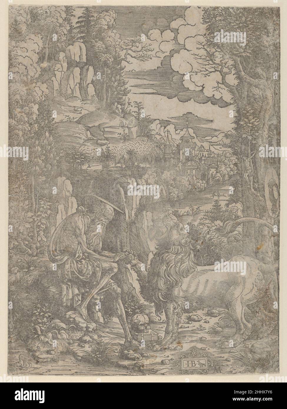 Der heilige Hieronymus entzieht der Löwenpfote einen Dorn 1500–1510 Giovanni Battista Palumba Italienisch. Der heilige Jerome entzieht der Löwenpfote einen Dorn 648112 Stockfoto