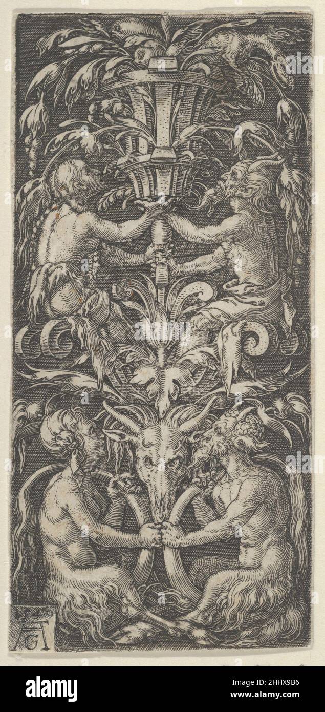 Tafel mit Leuchter mit zwei Satyrs-Paaren 1549 Heinrich Aldegrever Deutsche zwei Satyrpaare, mit Weibchen links und Männchen rechts. Ein Stierschädel befindet sich unten zwischen dem Paar. Tafel mit Kerzenleuchter, die zwei Paare von Satyrs 422722 enthält Stockfoto