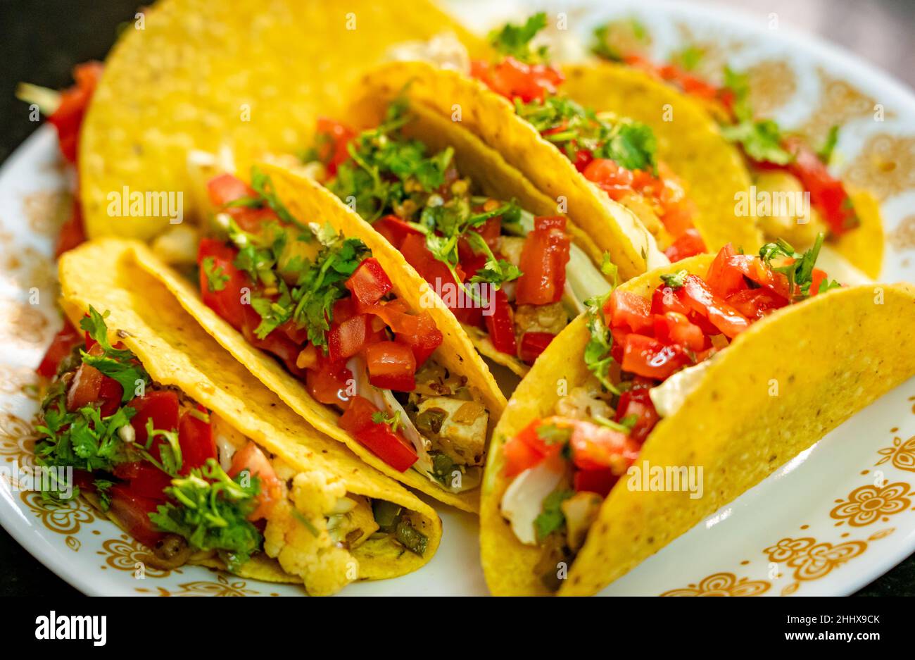 Selektiver Fokus von knackigen Tacos gefüllt mit Tomaten, Tofu, grünen Paprika, Kohl, Zwiebeln, Blumenkohl und Petersilie auf einer weißen Keramikplatte. Stockfoto