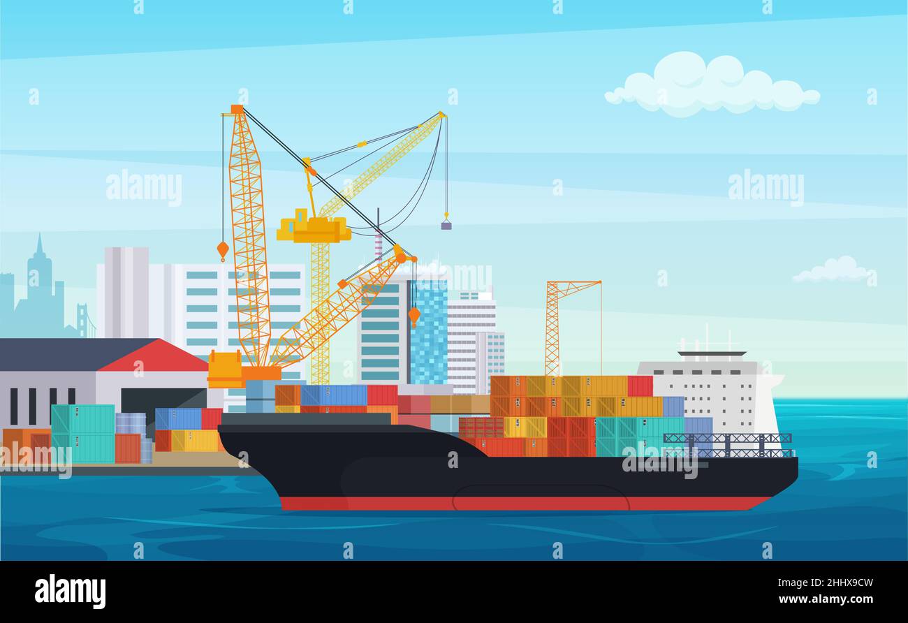 Logistik LKW und Transport Containerschiff. Cargo Hafen mit Industriekranen. Vektorgrafik Versandhof Stock Vektor